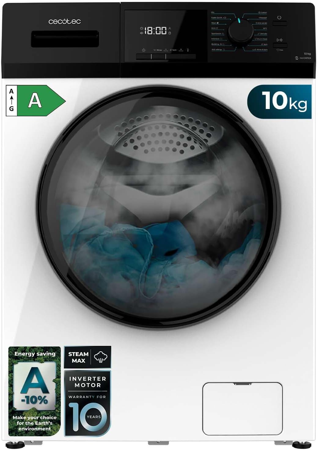 Cecotec Lavadora 8 Kg Carga Frontal Bolero Dresscode 8500 Inverter A. 1900 W, 1400 rpm, Motor Inverter Plus, Bajo Consumo, 16 Programas, SteamMax, Delay Start, Blanco