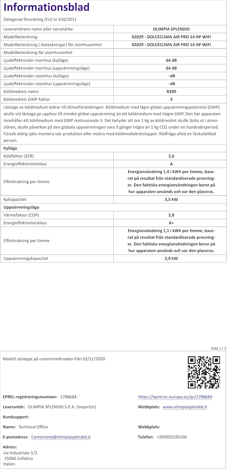 Olimpia Splendid-02265 Dolceclima Compact 8X- Climatiseur portable 3-en-1 : Refroidissement, ventilation, déshumidification, 8 000 Btu/H, 2.1 Kw, Gaz R290, blanc-pour les pièces jusqu'à 60m³