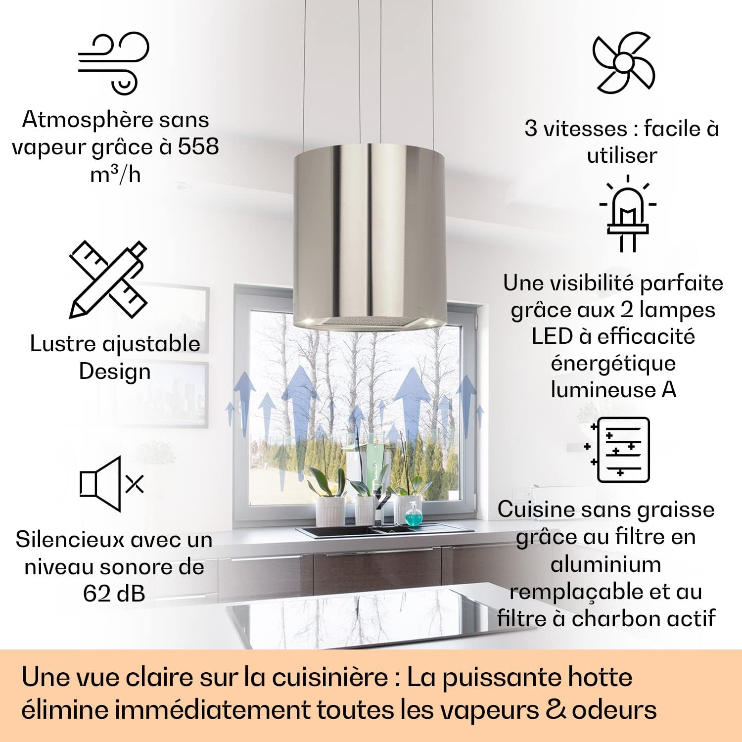 KLARSTEIN Barett - hotte aspirante îlot, hotte aspirante silencieuse Ø 35cm, Puissance Moteur 190W, 560 m³/h Max, 3 Niveaux de Puissance, éclairage LED, INOX - Argent