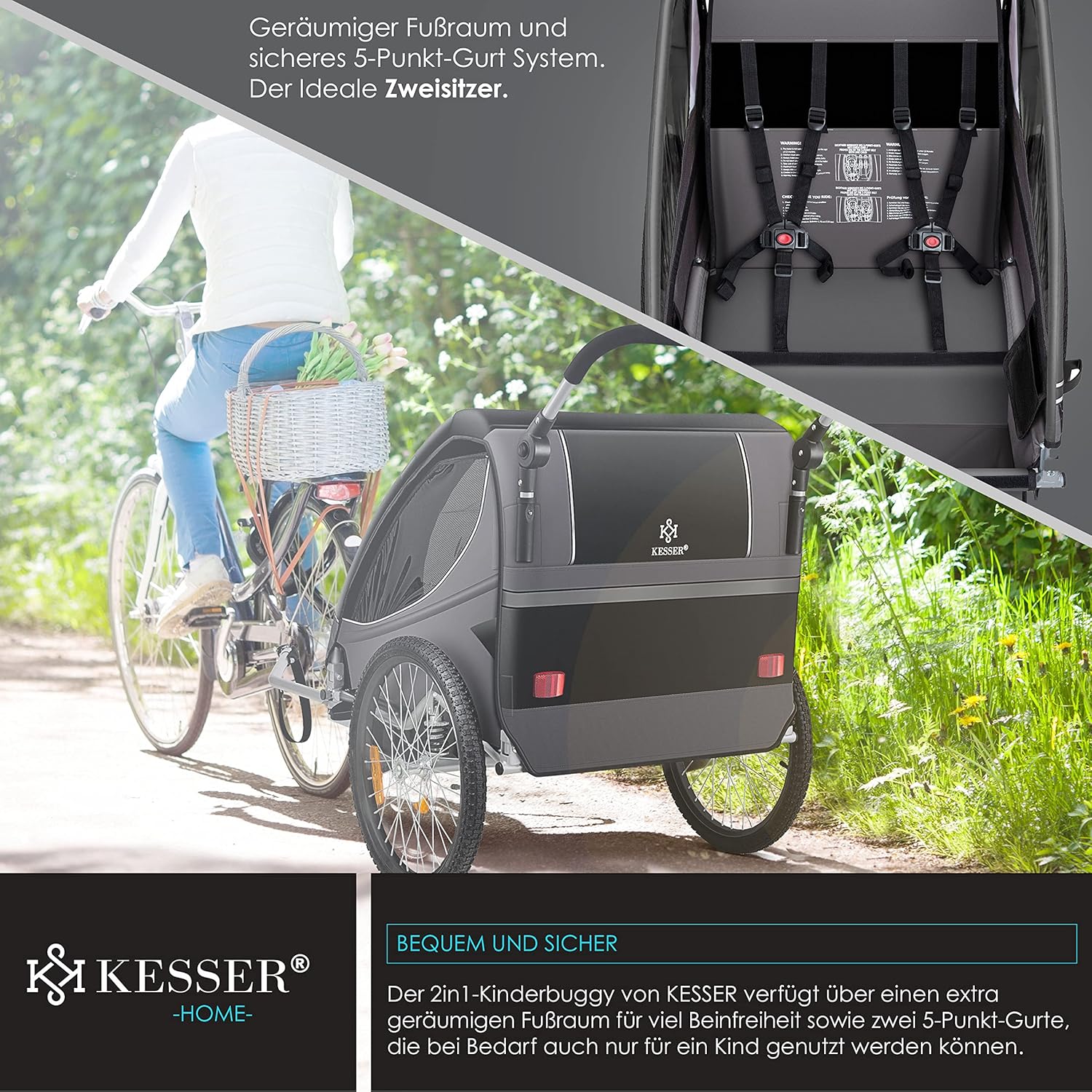 KESSER® Remorque de vélo pour enfant - Rotation à 360° - Avec suspension 2 en 1 - Fonction jogger - Remorque de vélo pour enfant - Sangle à 5 points - Pour 1 à 2 enfants - 40 kg