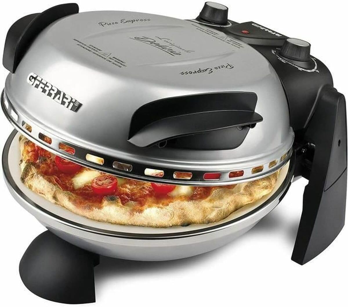 G3 Ferrari G10006 Pizza Exprimer Plaisir, Four Pizza, 1200 W, 400°C, Pierre Réfractaire (diamètre 31 cm), Minuteur 5', Livre de Recettes inclus, Noir