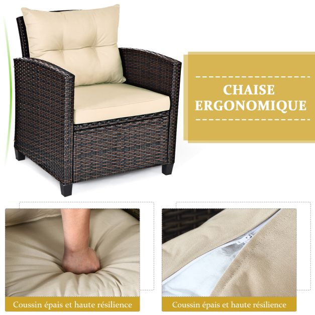 Salon de jardin en rotin pe 3 pièces 2 places avec coussins lavables 1 table en verre trempé marron 20_0009215