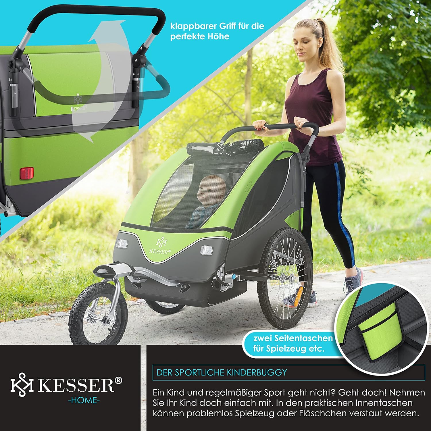KESSER® Remorque de vélo pour enfant - Rotation à 360° - Avec suspension 2 en 1 - Fonction jogger - Remorque de vélo pour enfant - Sangle à 5 points - Pour 1 à 2 enfants - 40 kg