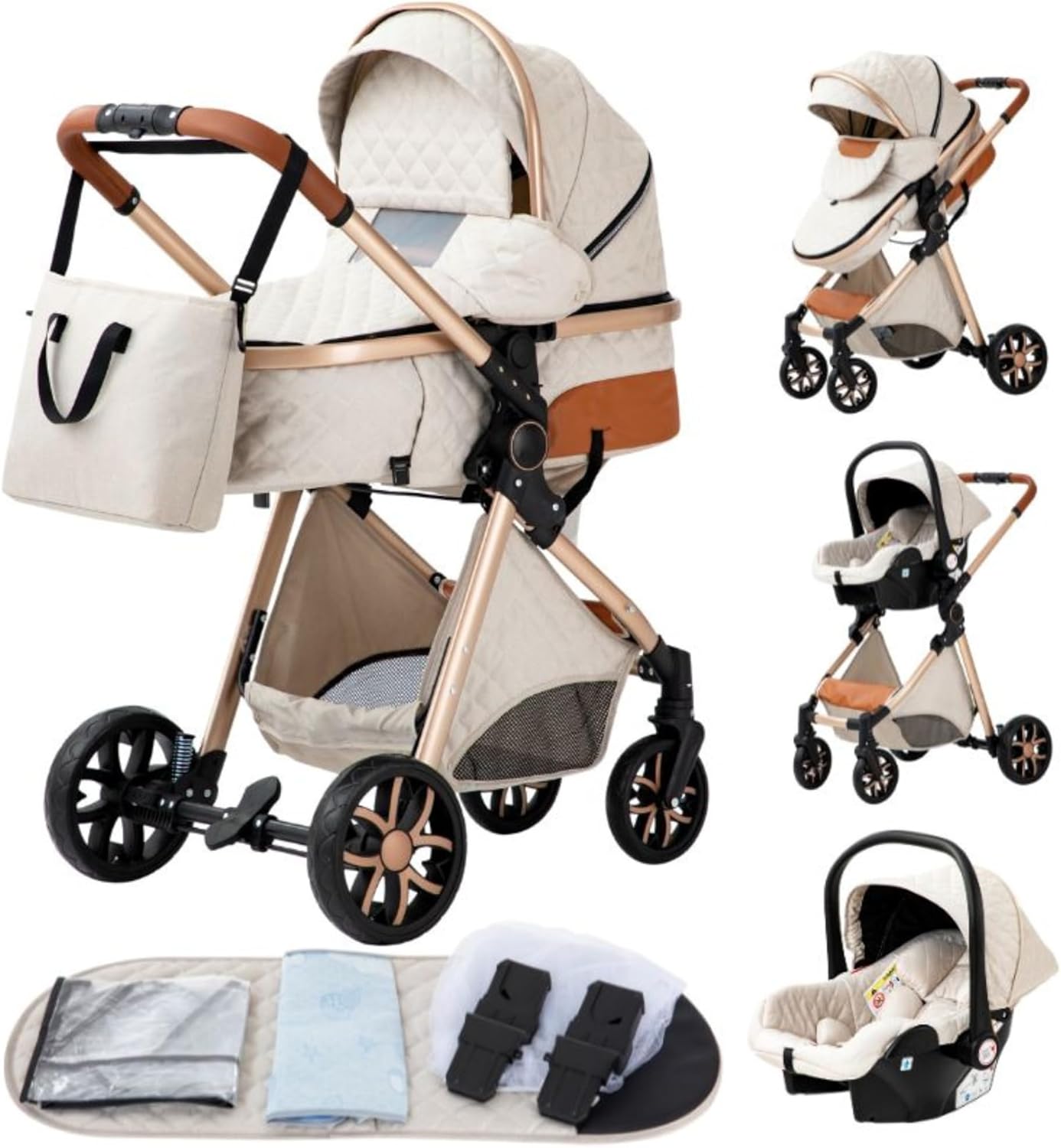 YAZOCO Poussette 3 en 1 Pliable Poussette Bebe Confort Moustiquaire, Couvre - Pieds, Porte - Gobelet, Coussin Poussettes et Landaus