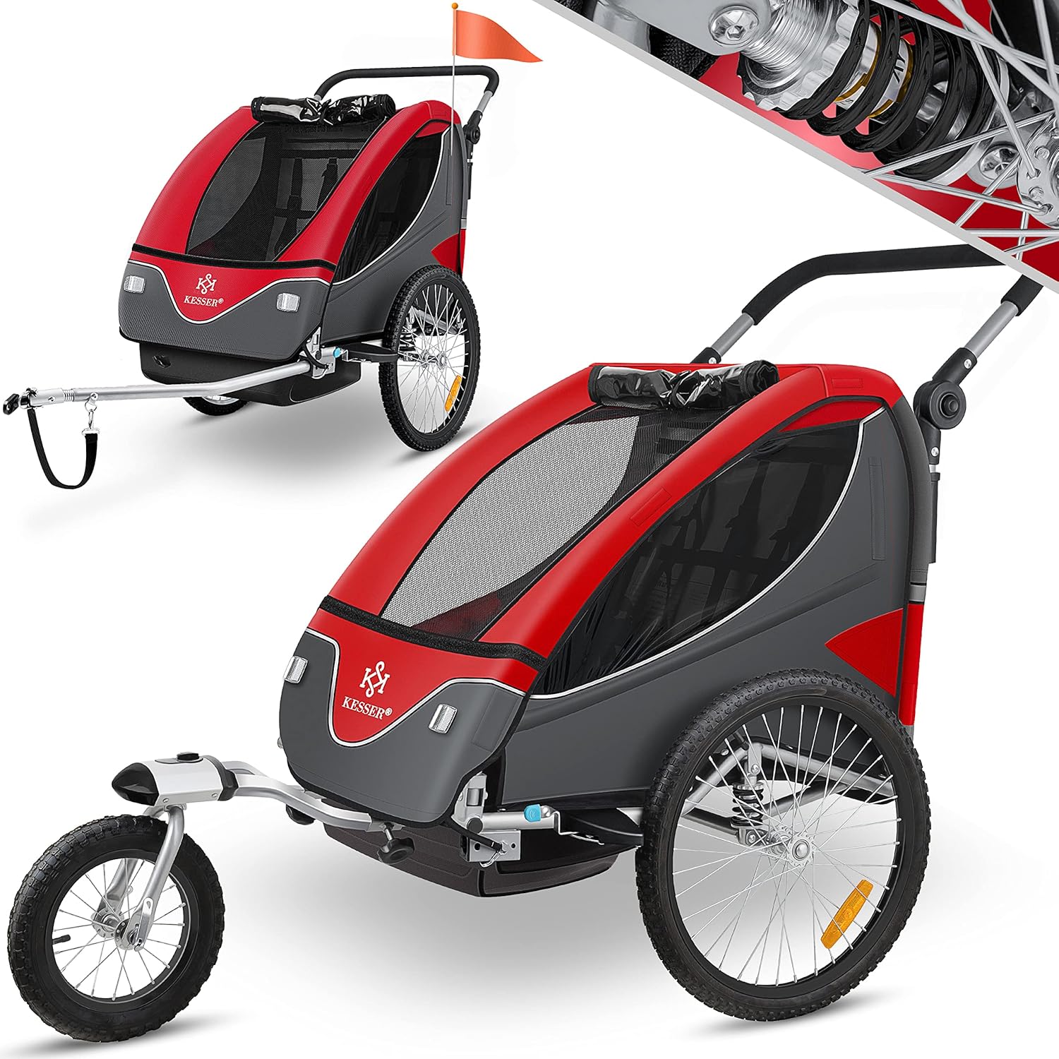 KESSER® Remorque de vélo pour enfant - Rotation à 360° - Avec suspension 2 en 1 - Fonction jogger - Remorque de vélo pour enfant - Sangle à 5 points - Pour 1 à 2 enfants - 40 kg