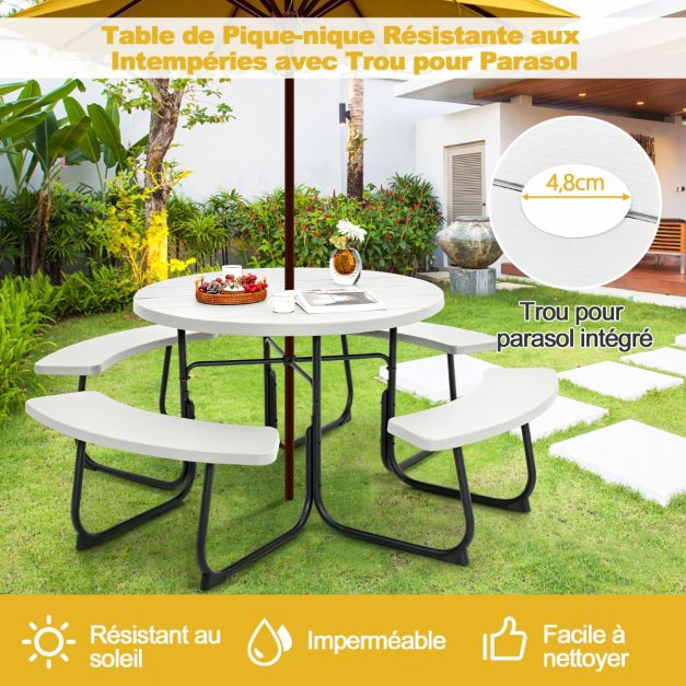 Ensemble table de pique-nique avec 4 bancs intégrés ensemble de jardin table de pique-nique circulaire 135 kg trou pour parasol 190 x 76 cm blanc 20_0008515