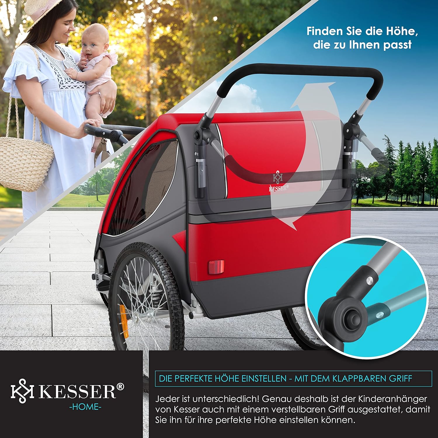KESSER® Remorque de vélo pour enfant - Rotation à 360° - Avec suspension 2 en 1 - Fonction jogger - Remorque de vélo pour enfant - Sangle à 5 points - Pour 1 à 2 enfants - 40 kg
