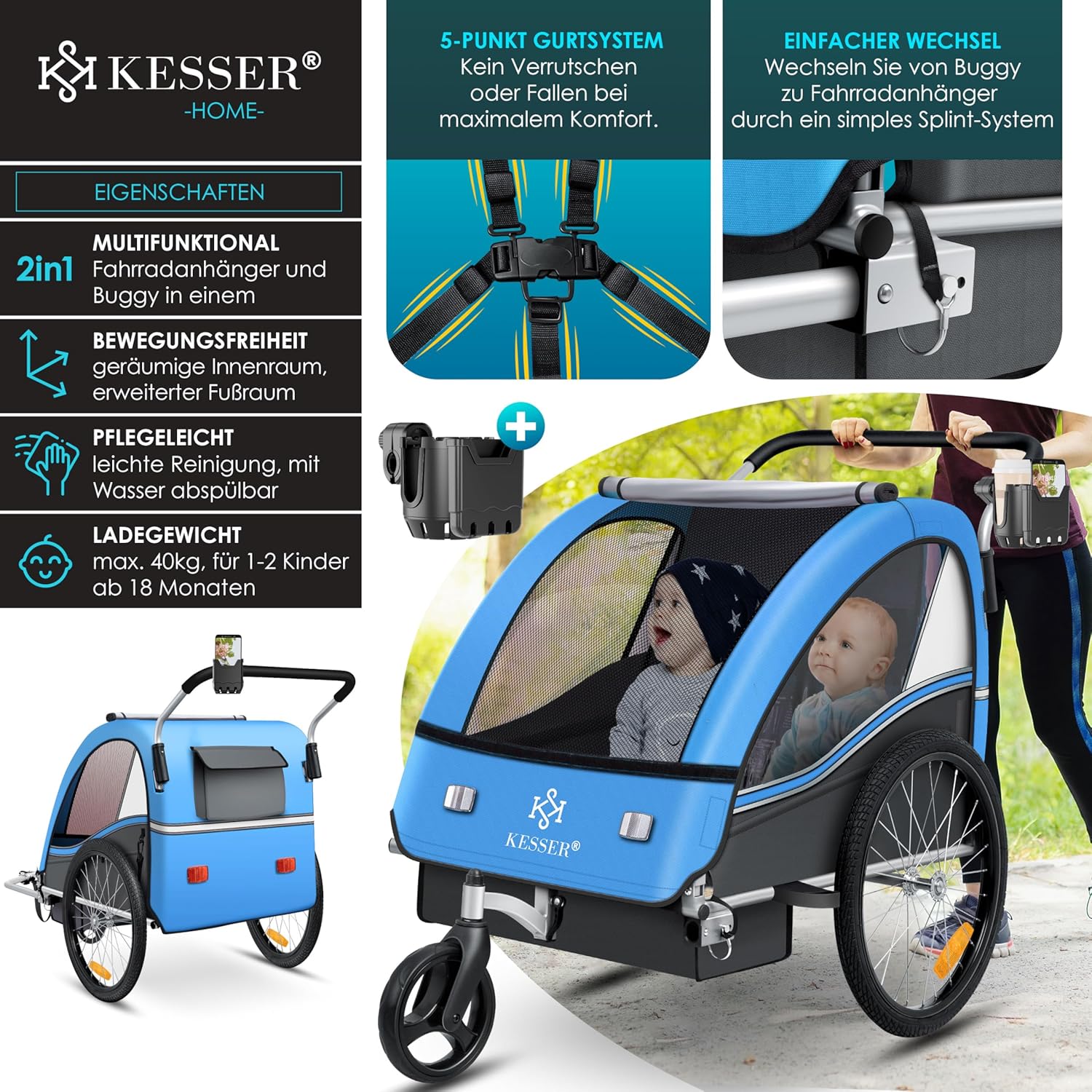 KESSER® Remorque pour Enfants Remorque de vélo Sport-RX 2en1 Fonction de Running Remorque de vélo pour Enfants + Ceinture de sécurité 5 Points 360°- Roue Avant Jogger Poussette Vélo