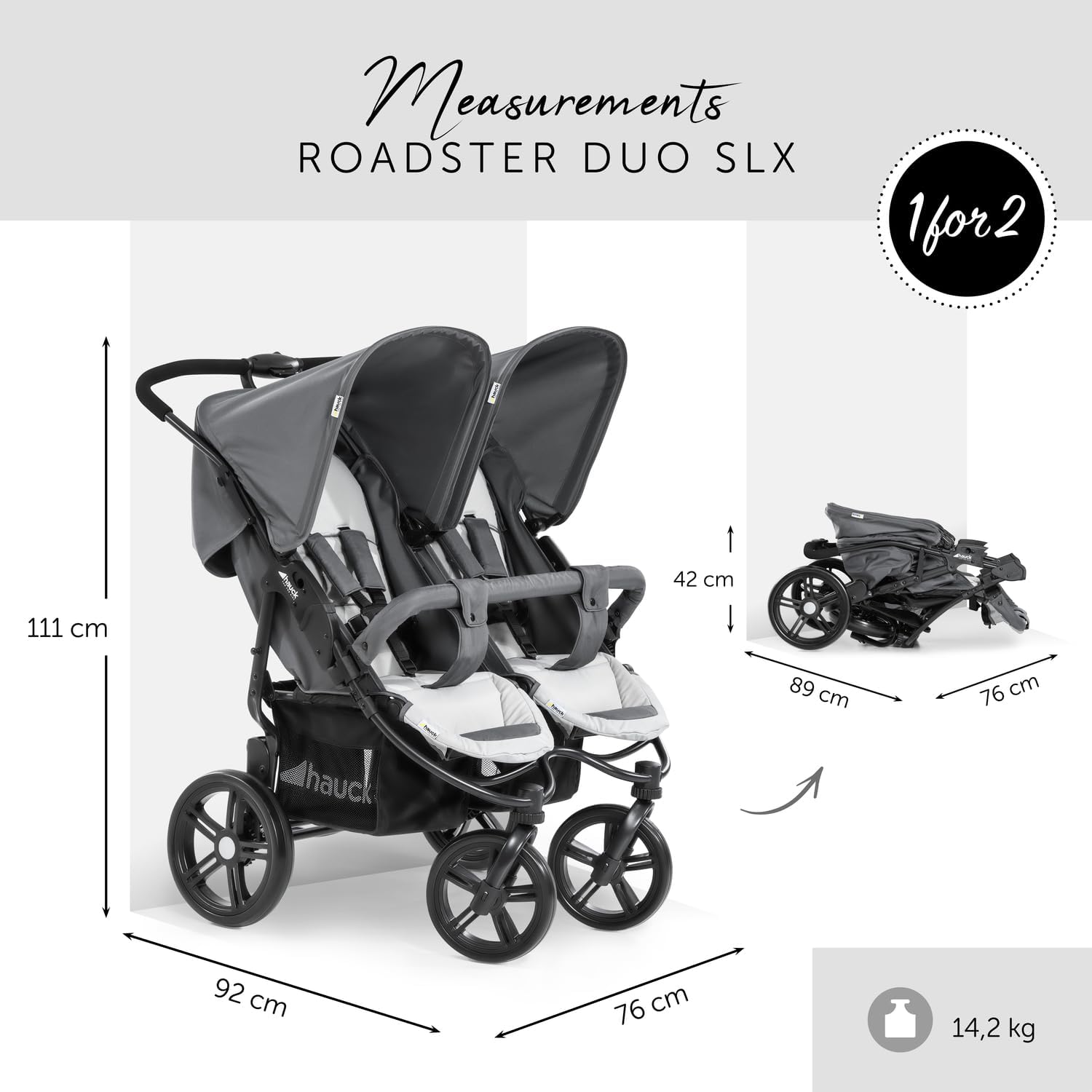 hauck Poussette Double Roadster Duo SLX, de la Naissance à 15 kg Chacun (env 3 Ans), Inclinable, Pliable, Compact, Panier XL, Grandes Roues, Gris Argenté