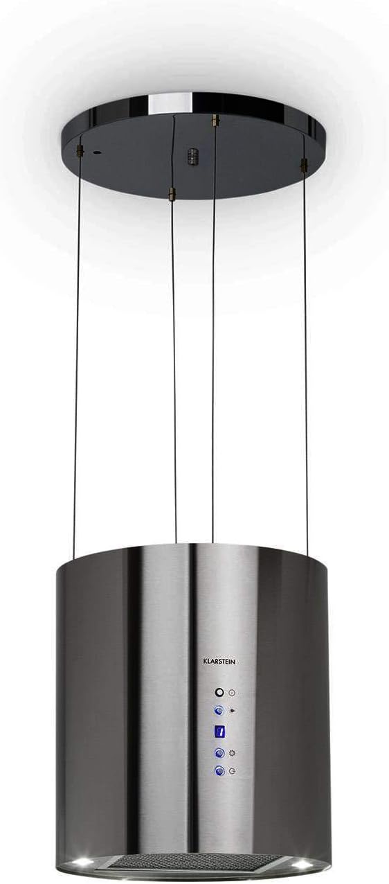 KLARSTEIN Barett - hotte aspirante îlot, hotte aspirante silencieuse Ø 35cm, Puissance Moteur 190W, 560 m³/h Max, 3 Niveaux de Puissance, éclairage LED, INOX - Argent