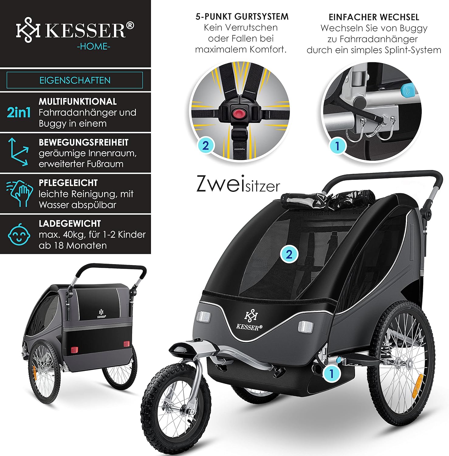 KESSER® Remorque de vélo pour enfant - Rotation à 360° - Avec suspension 2 en 1 - Fonction jogger - Remorque de vélo pour enfant - Sangle à 5 points - Pour 1 à 2 enfants - 40 kg
