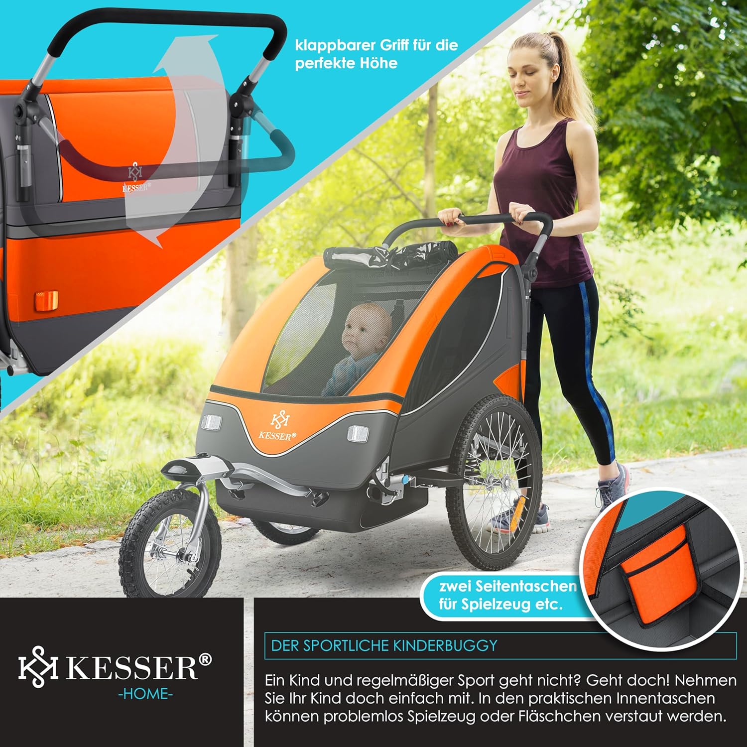 KESSER® Remorque de vélo pour enfant - Rotation à 360° - Avec suspension 2 en 1 - Fonction jogger - Remorque de vélo pour enfant - Sangle à 5 points - Pour 1 à 2 enfants - 40 kg