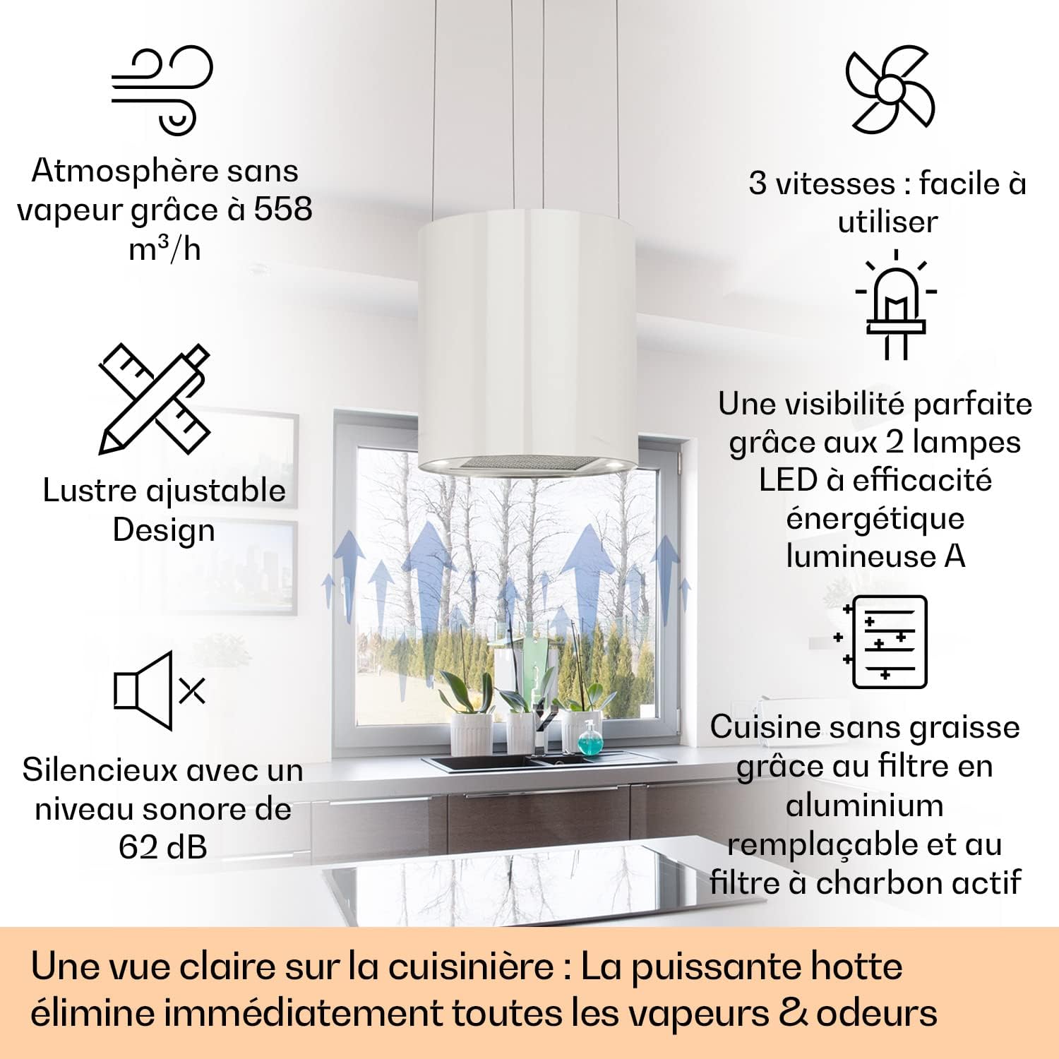 KLARSTEIN Barett - hotte aspirante îlot, hotte aspirante silencieuse Ø 35cm, Puissance Moteur 190W, 560 m³/h Max, 3 Niveaux de Puissance, éclairage LED, INOX - Argent