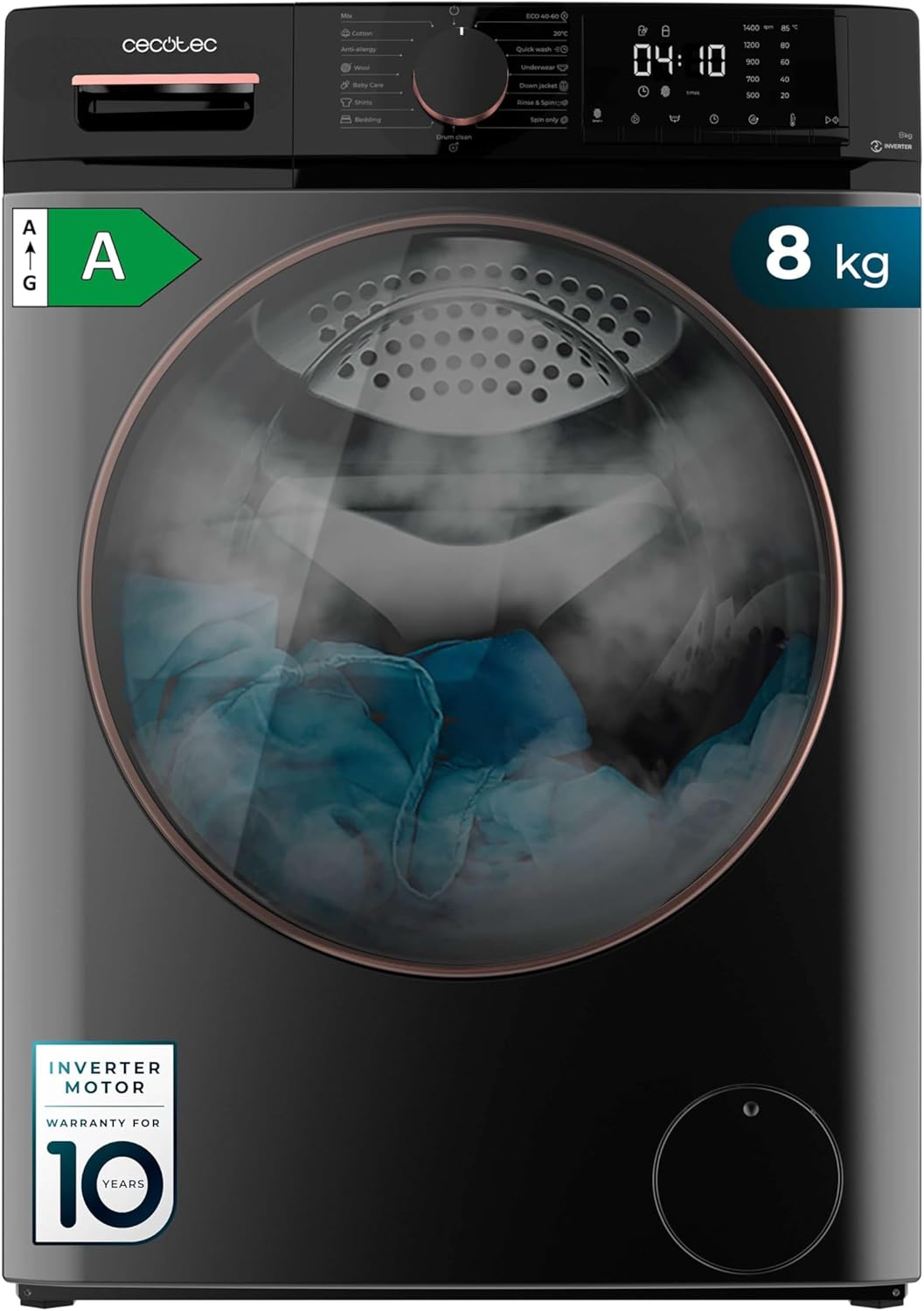 Cecotec Lave-linge 10Kg Bolero DressCode 10610 Inverter Steel A. Chargement Frontale, 1400 RPM, Steam Max, Motor Inverter Plus, 15 Programmes, OnSmart, Stop&Go, Caoutchouc Antibactérien, Drum Clean