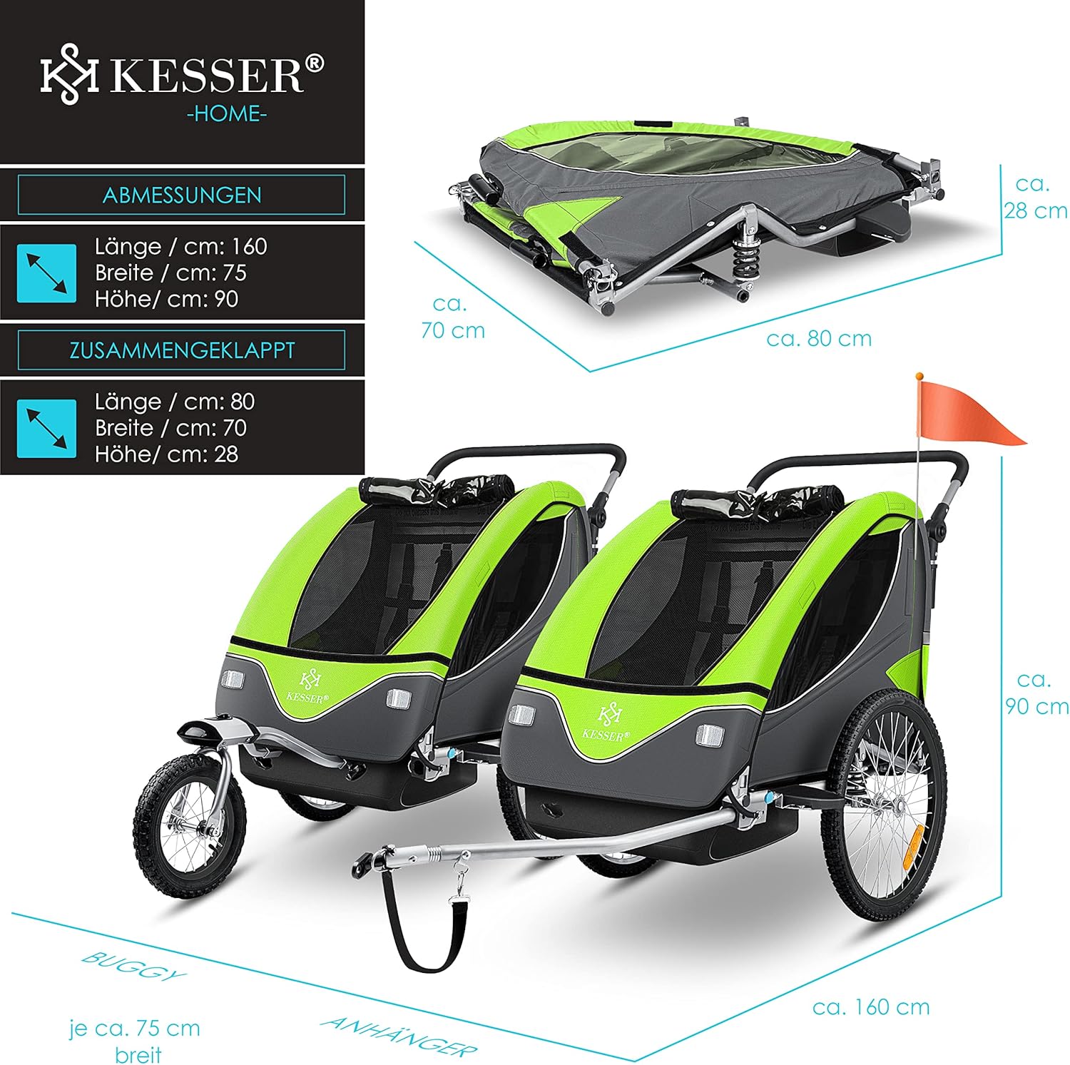KESSER® Remorque de vélo pour enfant - Rotation à 360° - Avec suspension 2 en 1 - Fonction jogger - Remorque de vélo pour enfant - Sangle à 5 points - Pour 1 à 2 enfants - 40 kg