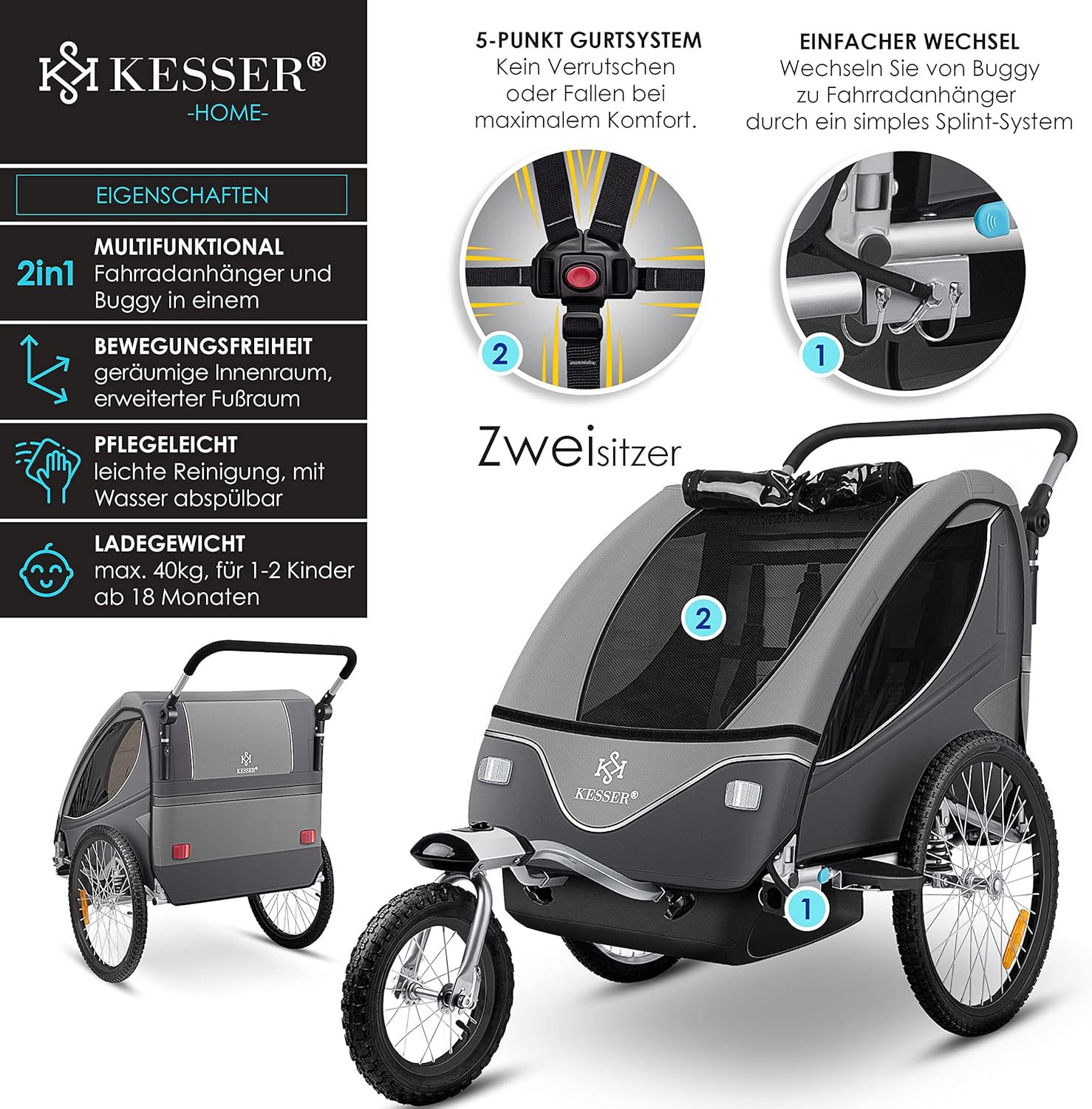 KESSER® Remorque de vélo pour enfant - Rotation à 360° - Avec suspension 2 en 1 - Fonction jogger - Remorque de vélo pour enfant - Sangle à 5 points - Pour 1 à 2 enfants - 40 kg