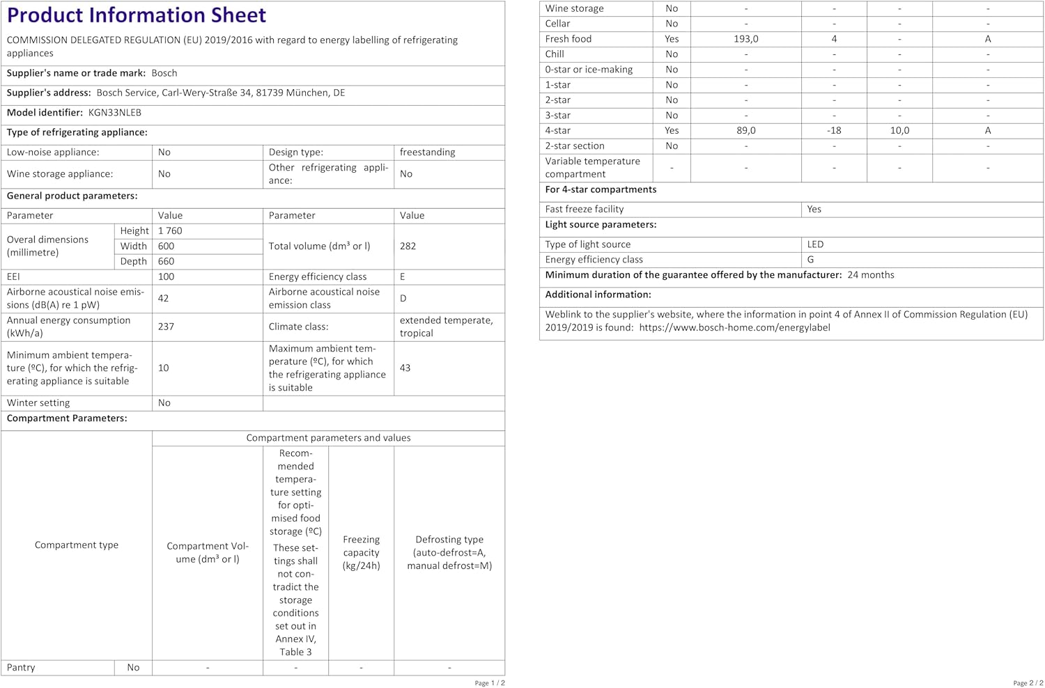 Bosch KGV33VWEAS, Série 4, Réfrigérateur congélateur, Pose libre, 176 x 60 cm, 195 L / 94 L, Blanc