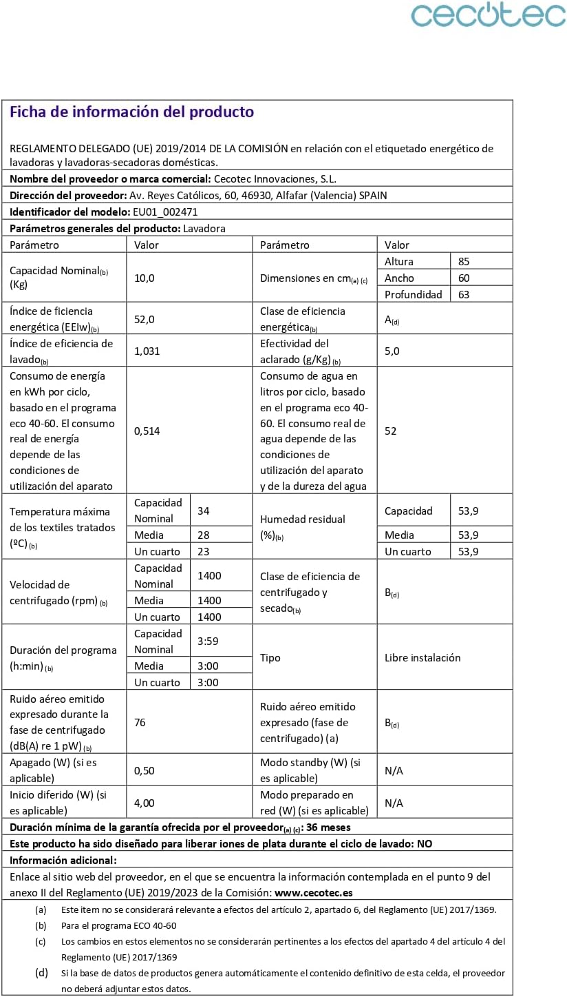 Cecotec Lavadora 8 Kg Carga Frontal Bolero Dresscode 8500 Inverter A. 1900 W, 1400 rpm, Motor Inverter Plus, Bajo Consumo, 16 Programas, SteamMax, Delay Start, Blanco