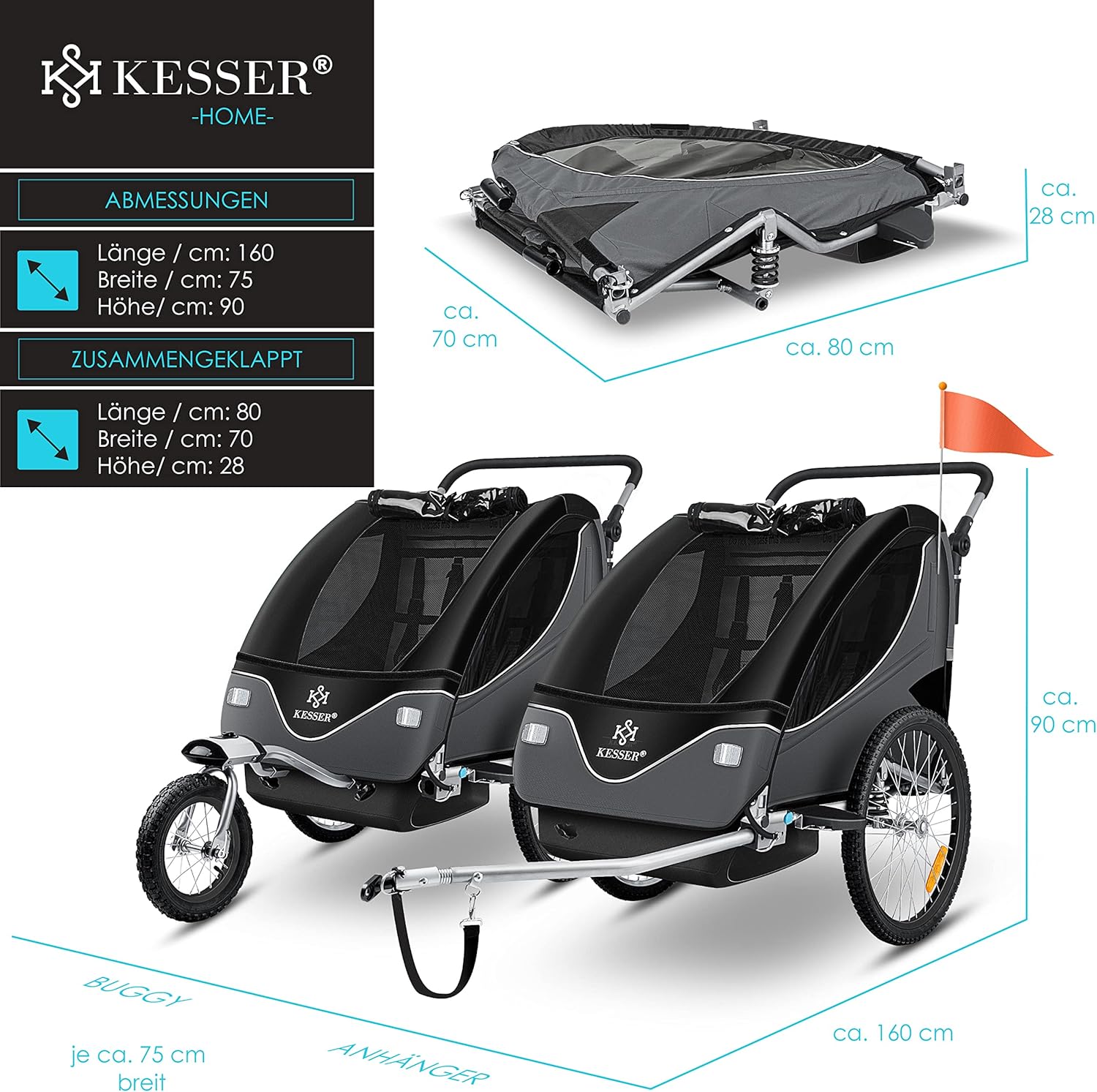 KESSER® Remorque de vélo pour enfant - Rotation à 360° - Avec suspension 2 en 1 - Fonction jogger - Remorque de vélo pour enfant - Sangle à 5 points - Pour 1 à 2 enfants - 40 kg