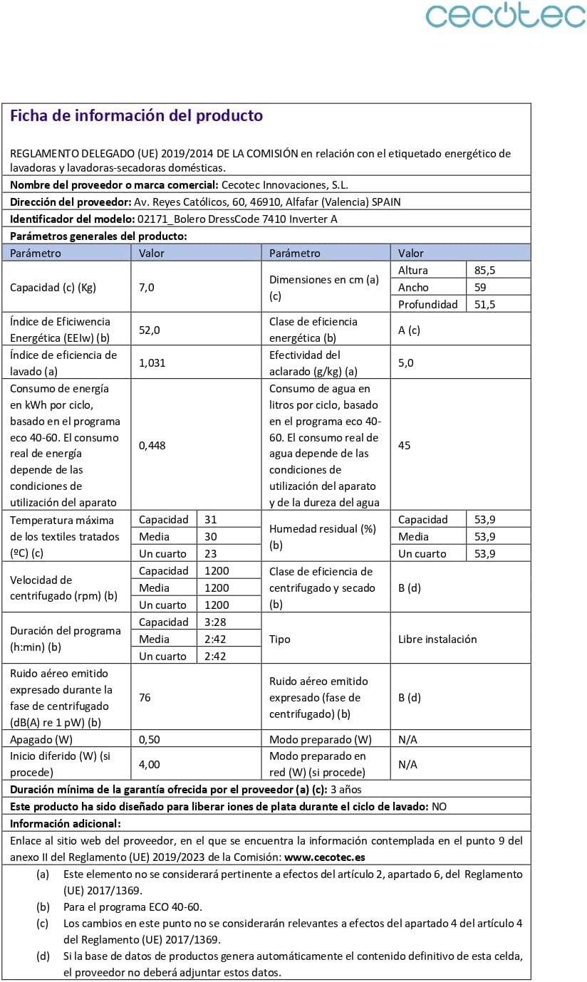 Cecotec Lavadora 8 Kg Carga Frontal Bolero Dresscode 8500 Inverter A. 1900 W, 1400 rpm, Motor Inverter Plus, Bajo Consumo, 16 Programas, SteamMax, Delay Start, Blanco