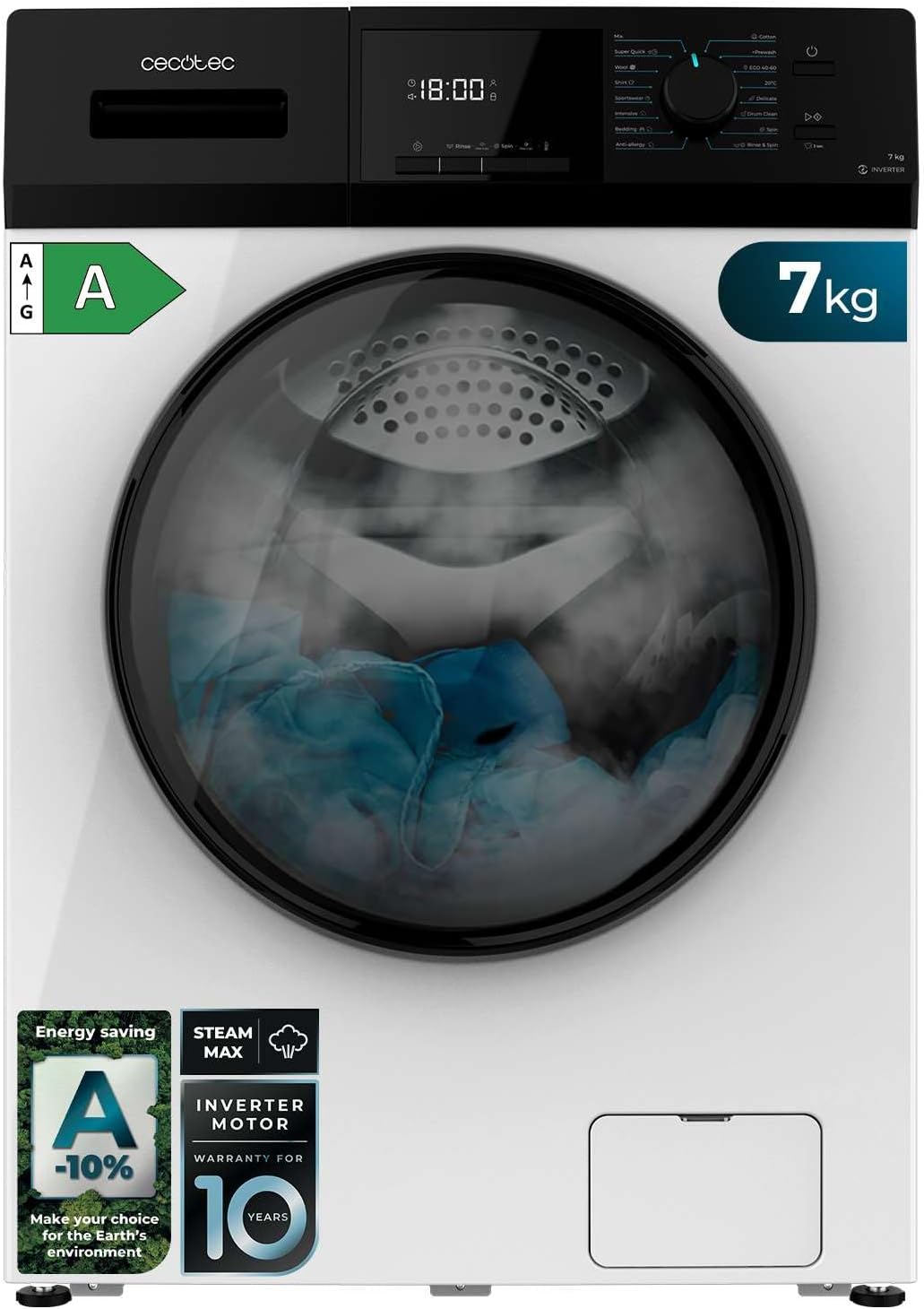 Cecotec Lavadora 8 Kg Carga Frontal Bolero Dresscode 8500 Inverter A. 1900 W, 1400 rpm, Motor Inverter Plus, Bajo Consumo, 16 Programas, SteamMax, Delay Start, Blanco