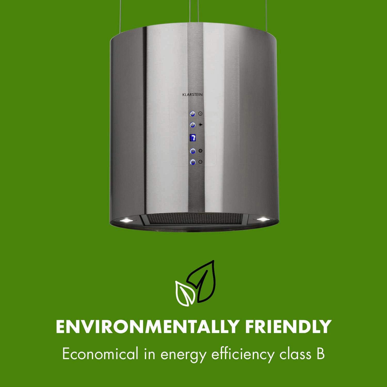 KLARSTEIN Barett - hotte aspirante îlot, hotte aspirante silencieuse Ø 35cm, Puissance Moteur 190W, 560 m³/h Max, 3 Niveaux de Puissance, éclairage LED, INOX - Argent