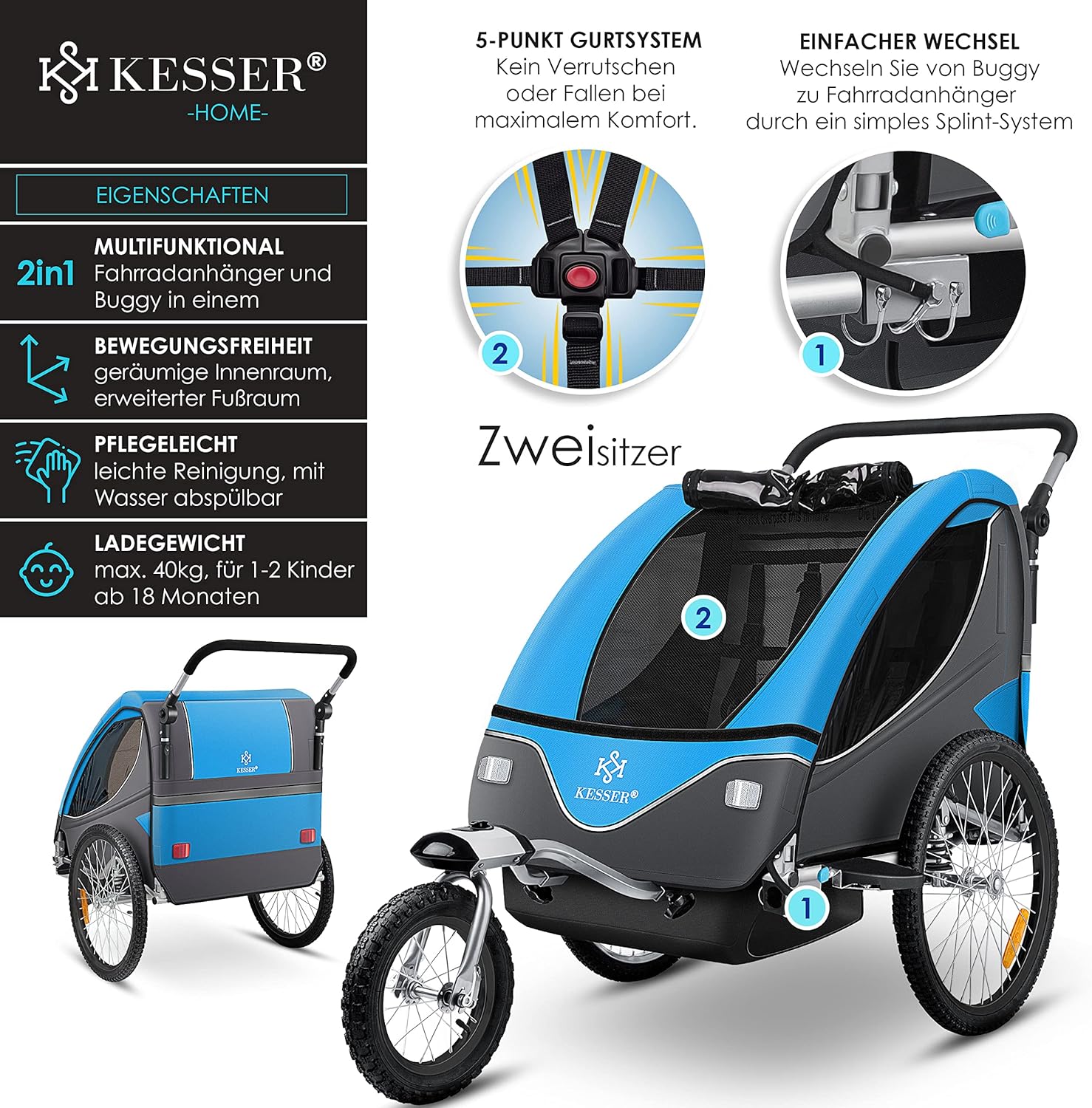 KESSER® Remorque de vélo pour enfant - Rotation à 360° - Avec suspension 2 en 1 - Fonction jogger - Remorque de vélo pour enfant - Sangle à 5 points - Pour 1 à 2 enfants - 40 kg