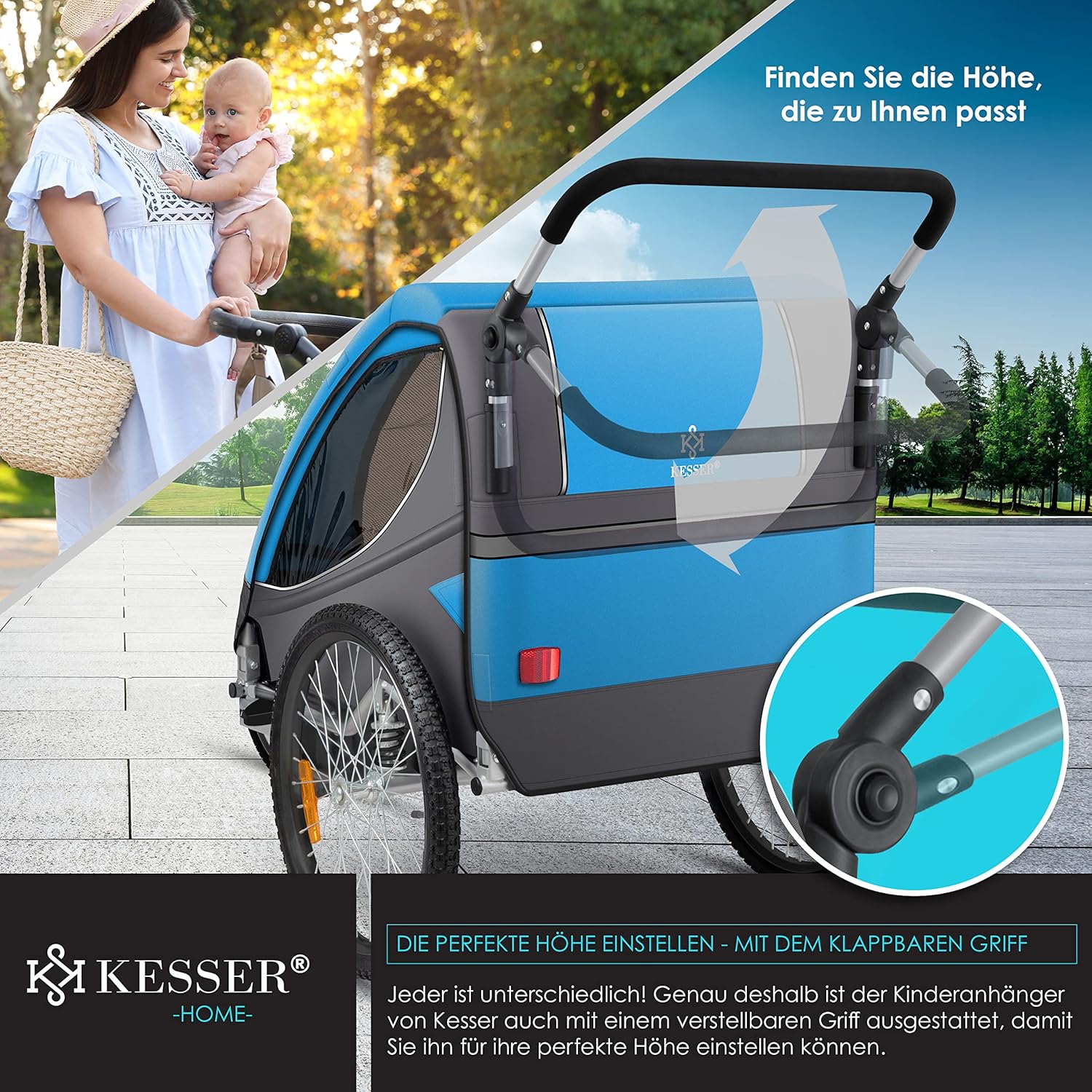 KESSER® Remorque de vélo pour enfant - Rotation à 360° - Avec suspension 2 en 1 - Fonction jogger - Remorque de vélo pour enfant - Sangle à 5 points - Pour 1 à 2 enfants - 40 kg
