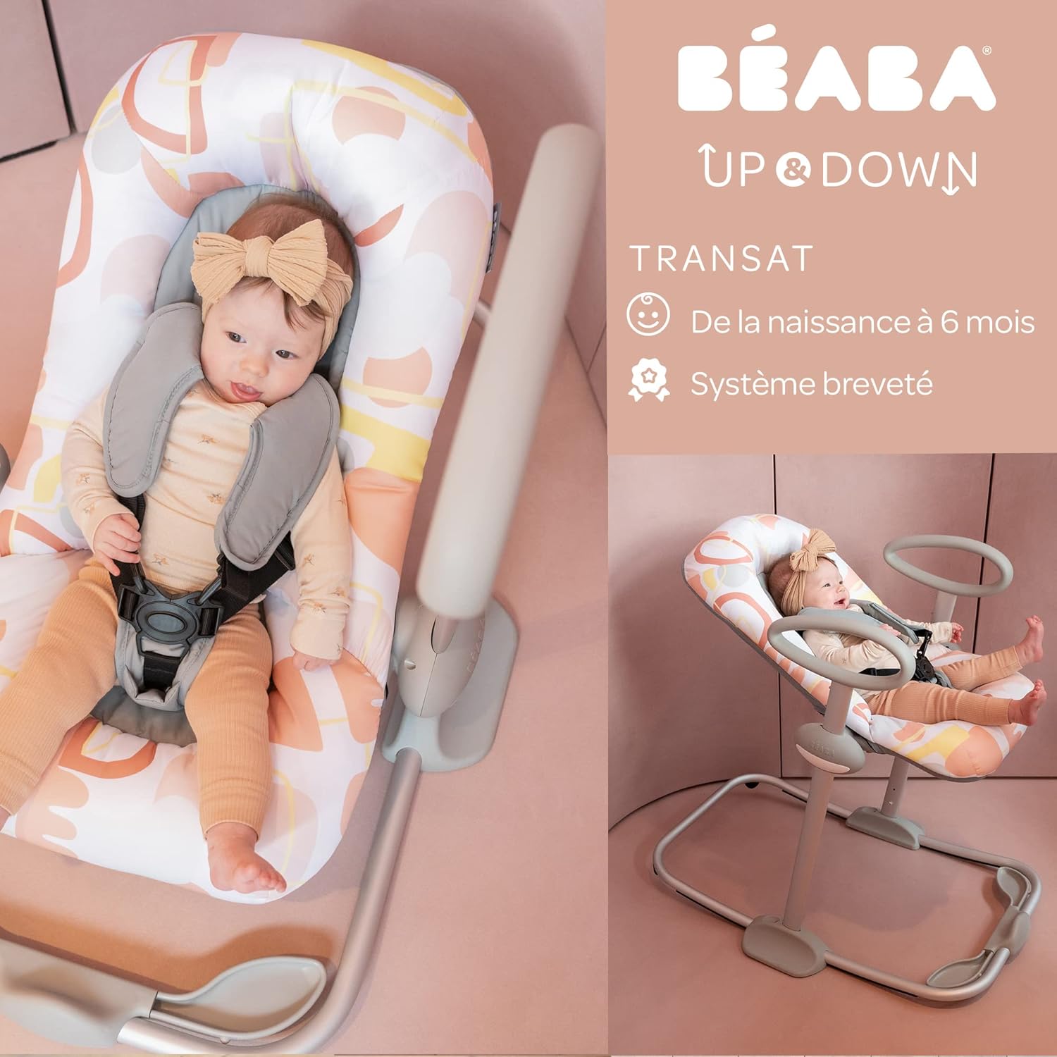 Béaba, Transat Up & Down IV, Transat Réglable en Hauteur, Unisexe pour Bébé et Enfants, 3 Positions d'Inclinaison, Harnais Sécurité 5 Points, Réducteur de Naissance, Gris minéral et miel