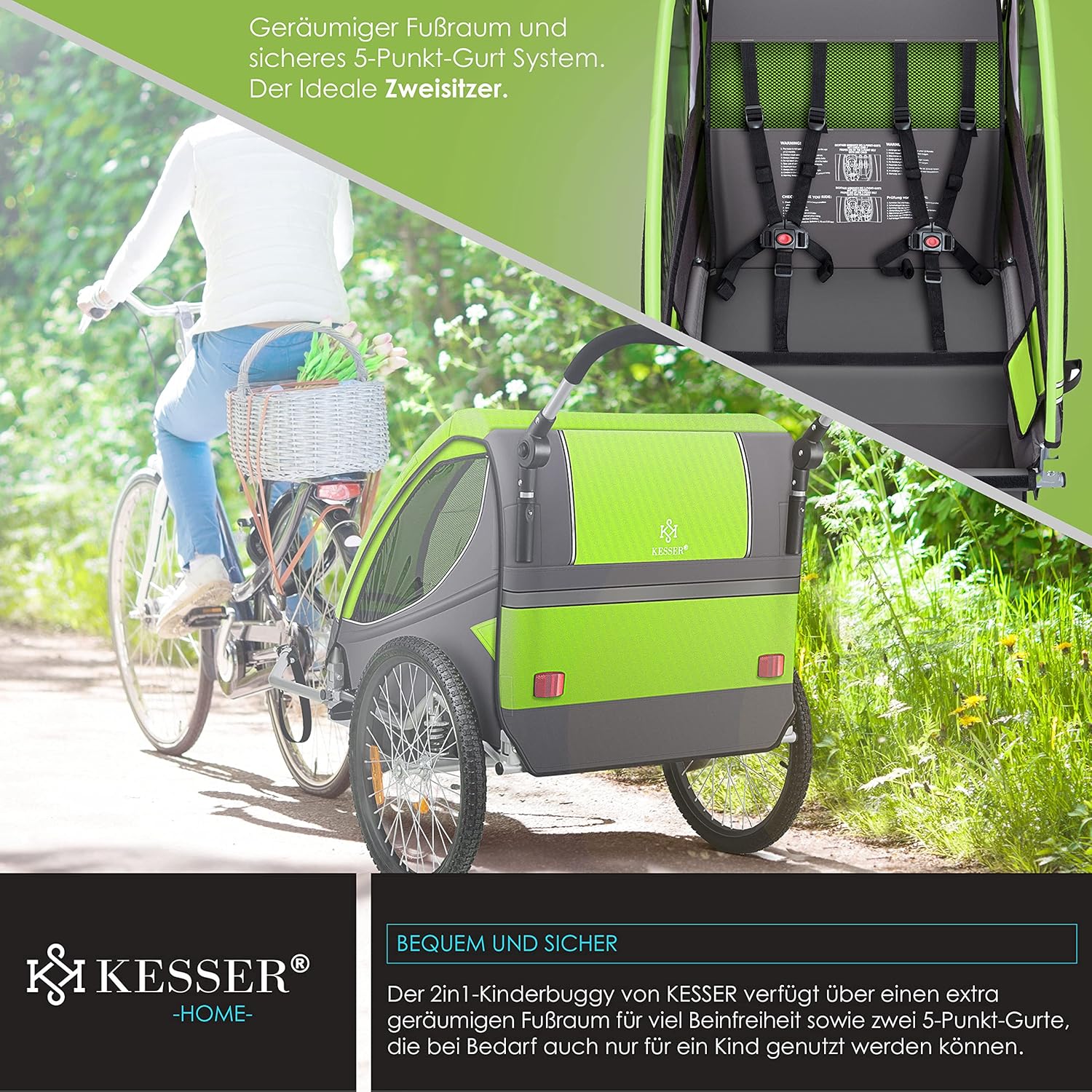 KESSER® Remorque de vélo pour enfant - Rotation à 360° - Avec suspension 2 en 1 - Fonction jogger - Remorque de vélo pour enfant - Sangle à 5 points - Pour 1 à 2 enfants - 40 kg