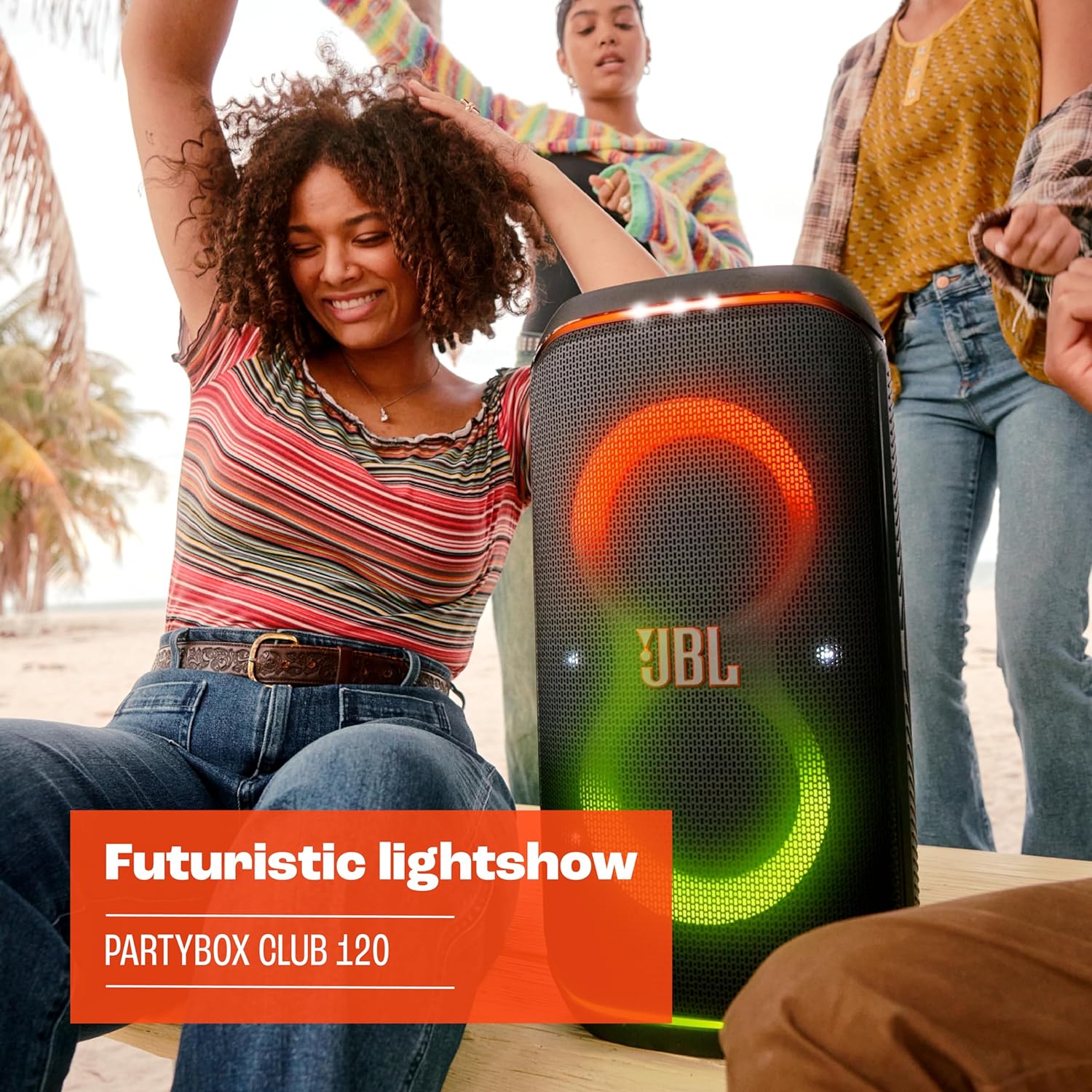 JBL PartyBox Club 120, Enceinte portable de soirée, poignée pliable ergonomique, jeu de lumières, 12 heures d'autonomie, résistante aux éclaboussures IPX4, noir, Prise européenne (Type C)