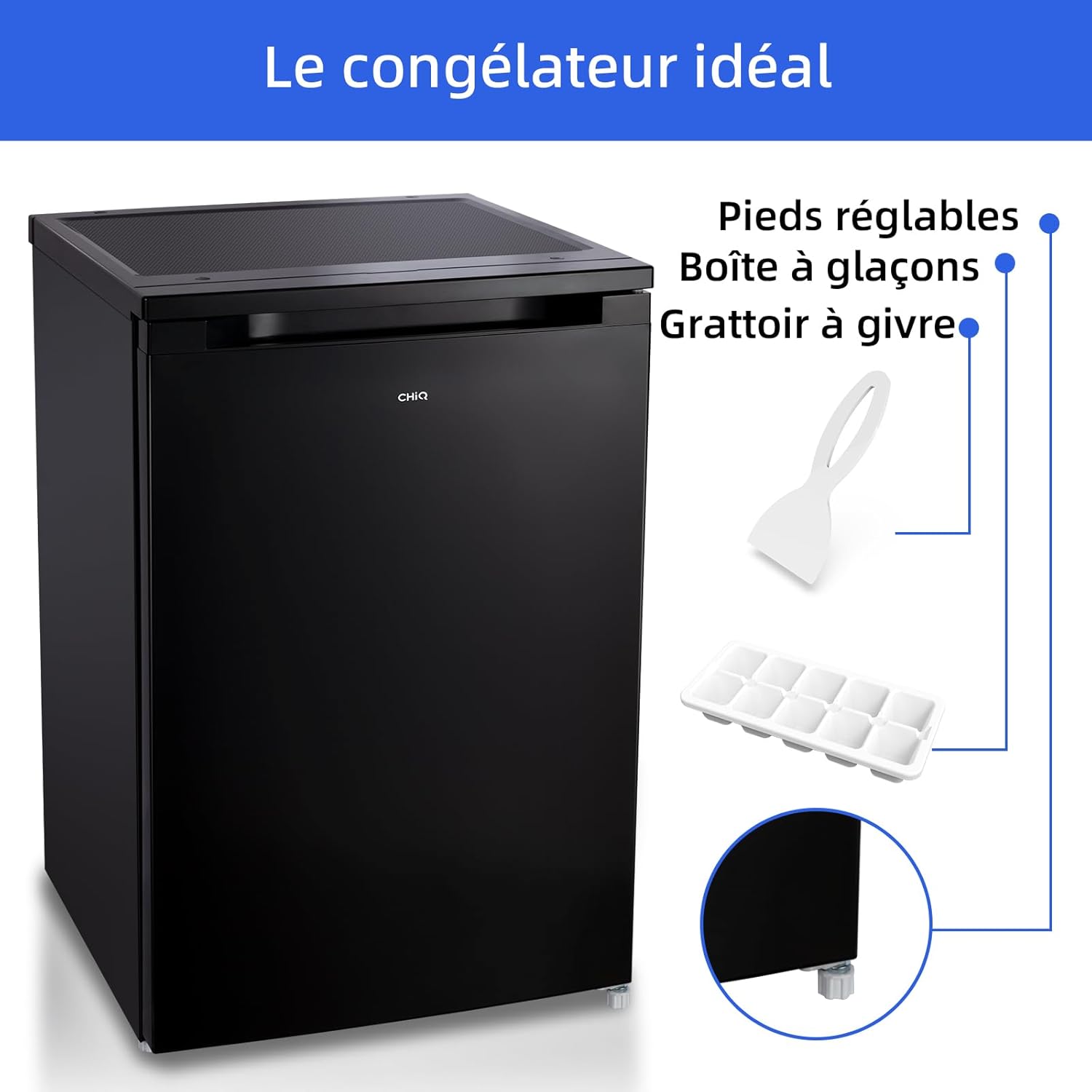CHiQ Congélateur armoire avec une capacité de 145L, Congélation rapide, Thermostat réglable, Silencieux, Porte réversible, Noir, Classe énergétique E FSD160D4E