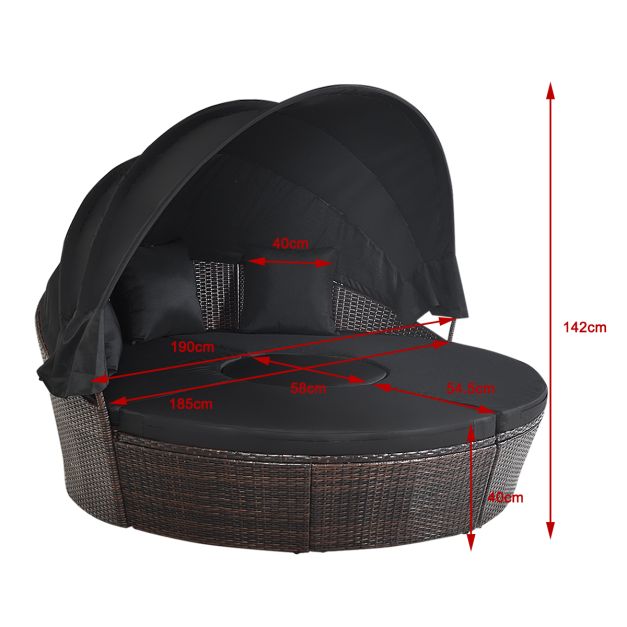 Lit de jardin rond d'exterieur table relevable modulable et convertible - pare soleil réglable rotin pe coussins inclus  noir 20_0008702
