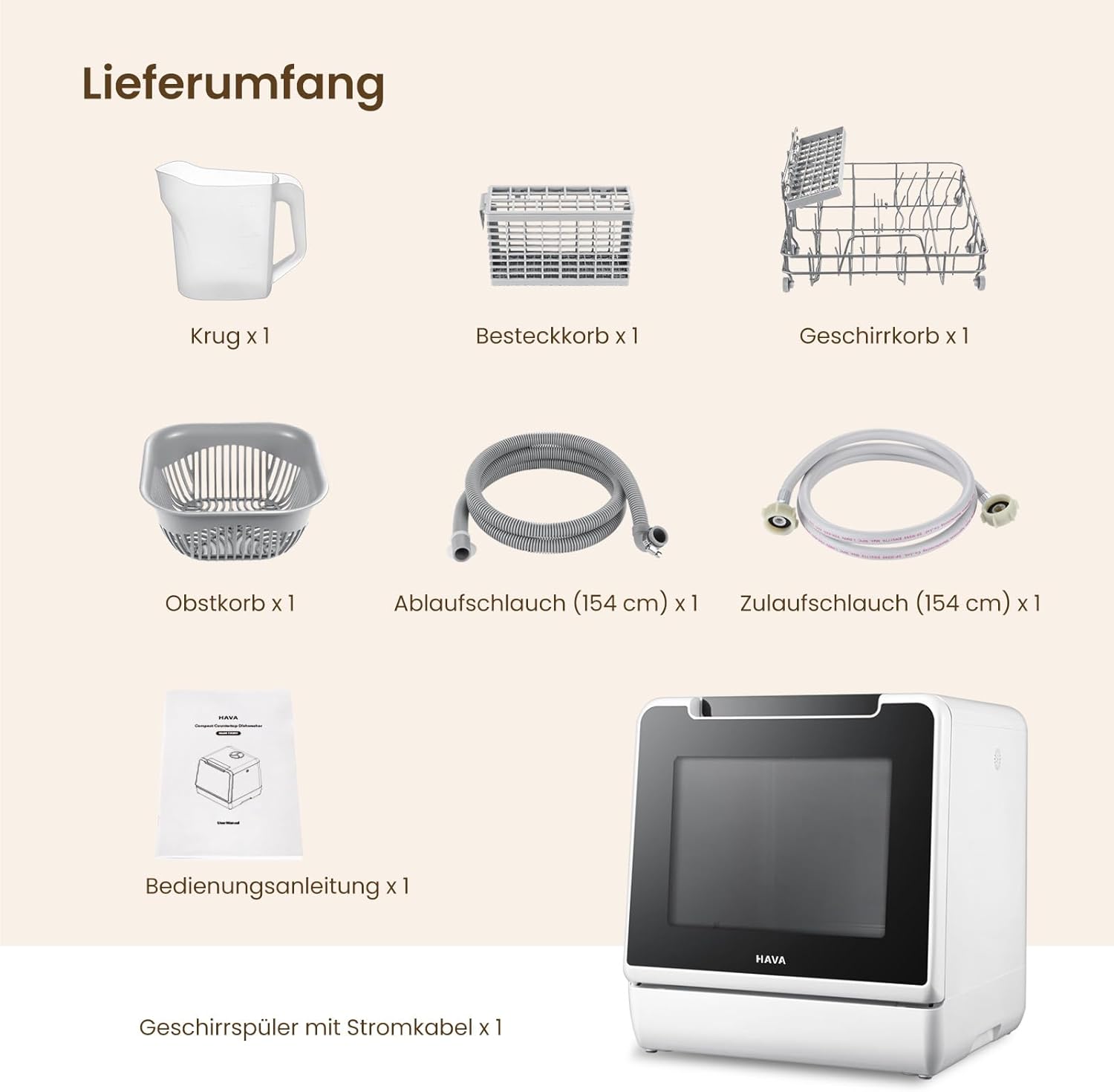 HAVA mini lave vaisselle, nouveau modèle amélioré 2024, 8 programmes de lavage, lave-vaisselle portable avec sécurité enfant et fonction de démarrage différé, réservoir d'eau de 5 L