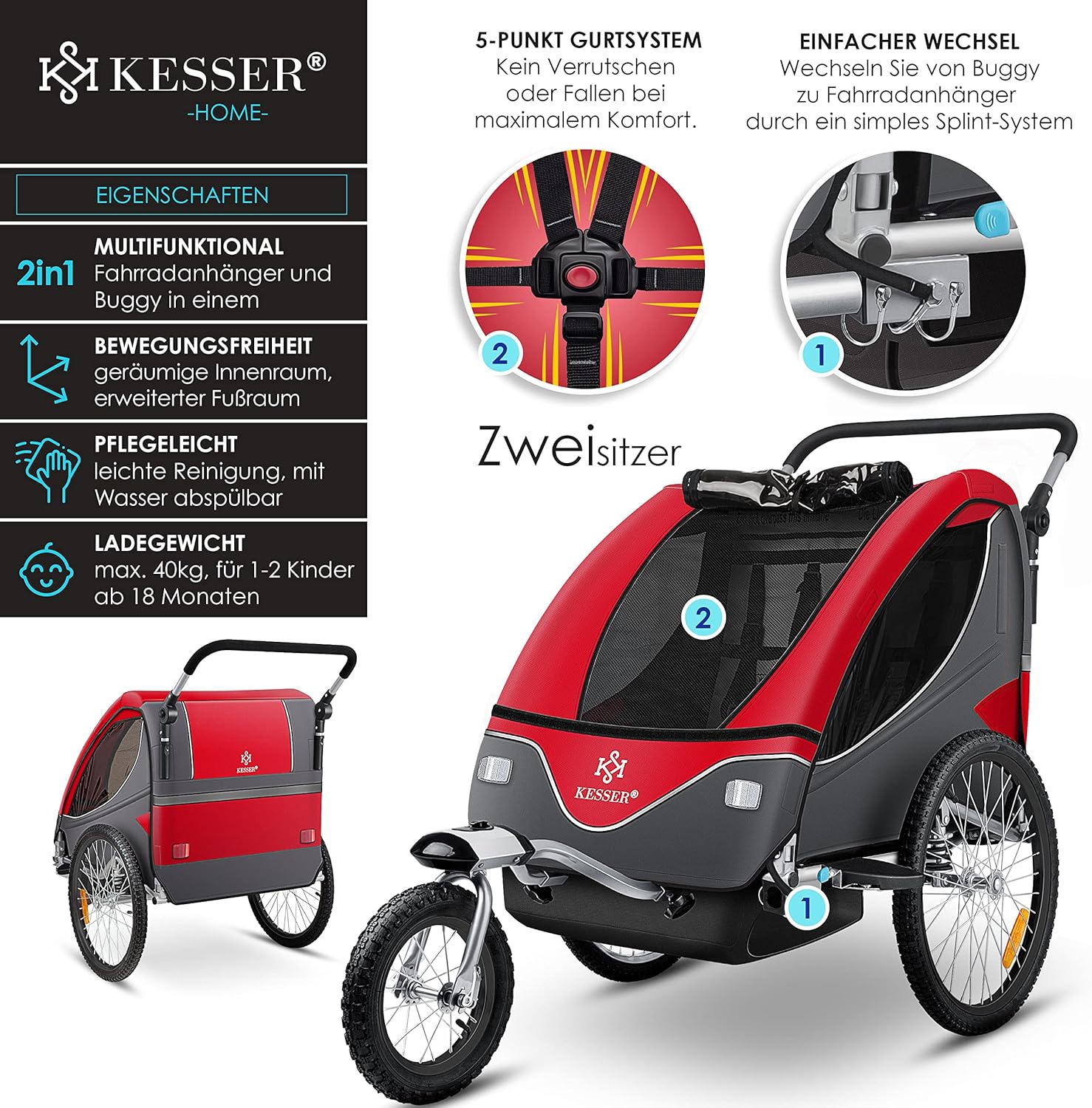 KESSER® Remorque de vélo pour enfant - Rotation à 360° - Avec suspension 2 en 1 - Fonction jogger - Remorque de vélo pour enfant - Sangle à 5 points - Pour 1 à 2 enfants - 40 kg