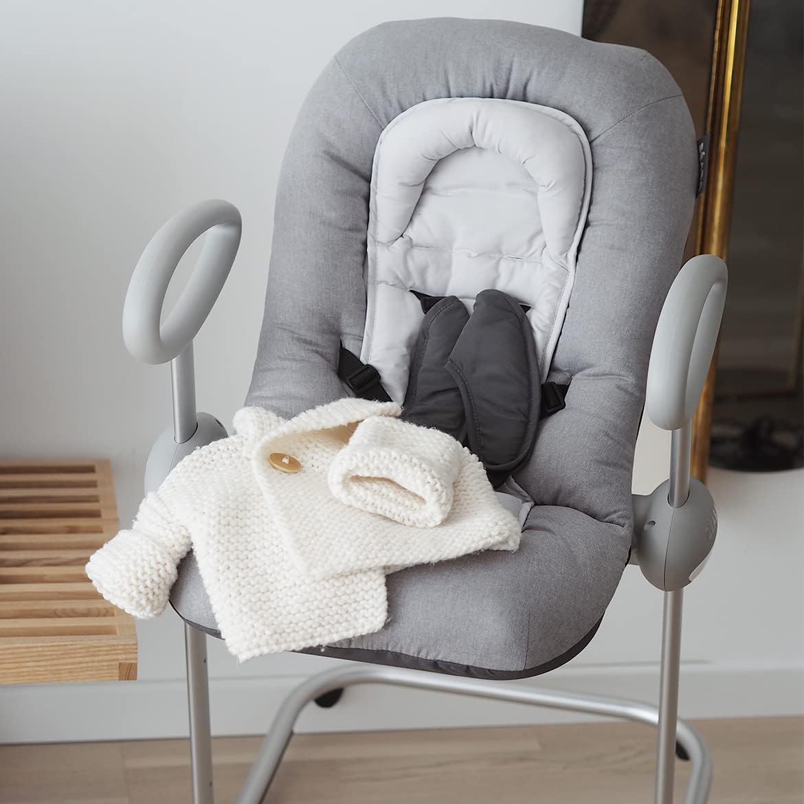 Béaba, Transat Up & Down IV, Transat Réglable en Hauteur, Unisexe pour Bébé et Enfants, 3 Positions d'Inclinaison, Harnais Sécurité 5 Points, Réducteur de Naissance, Gris minéral et miel