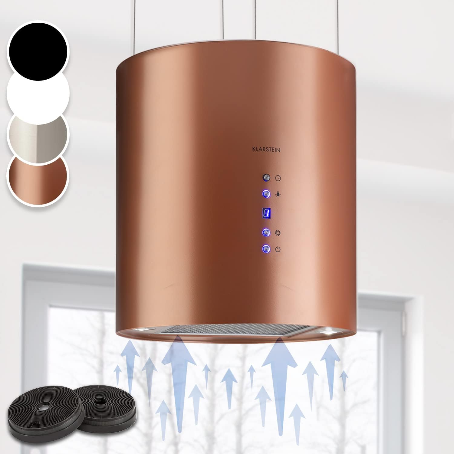 KLARSTEIN Barett - hotte aspirante îlot, hotte aspirante silencieuse Ø 35cm, Puissance Moteur 190W, 560 m³/h Max, 3 Niveaux de Puissance, éclairage LED, INOX - Argent