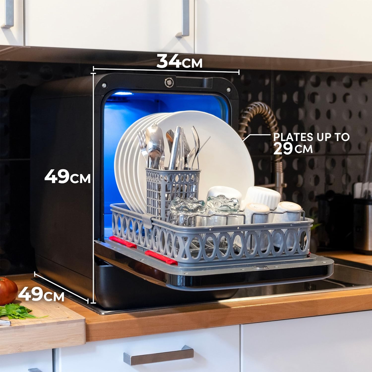 DAAN TECH Bob - Lave-vaisselle Compact 3 Couverts Encastrable - Pose Libre, Avec Réservoir, Portable - Séchage Naturel - Assiette 29 cm - Label Origine France Garantie, Eco-Conçu (Blanc-Rouge)