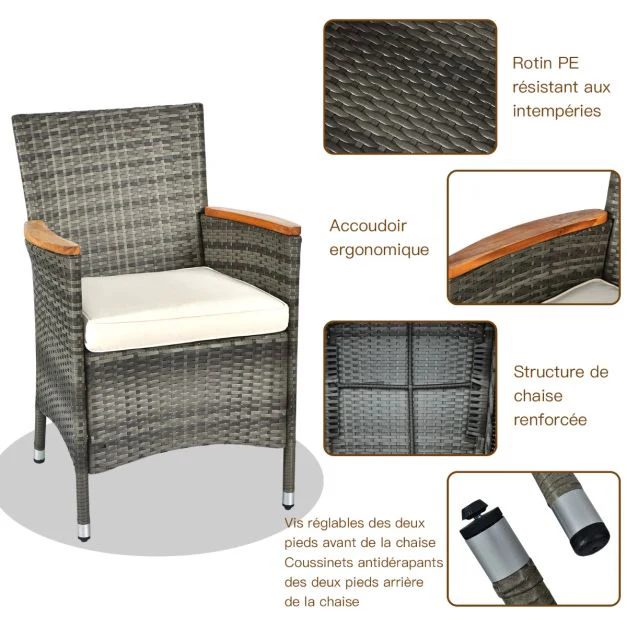 Salon de jardin avec 1 table et 8 chaises en bois et rotin anti-uv pieds réglables et coussins imperméables inclus 20_0009211