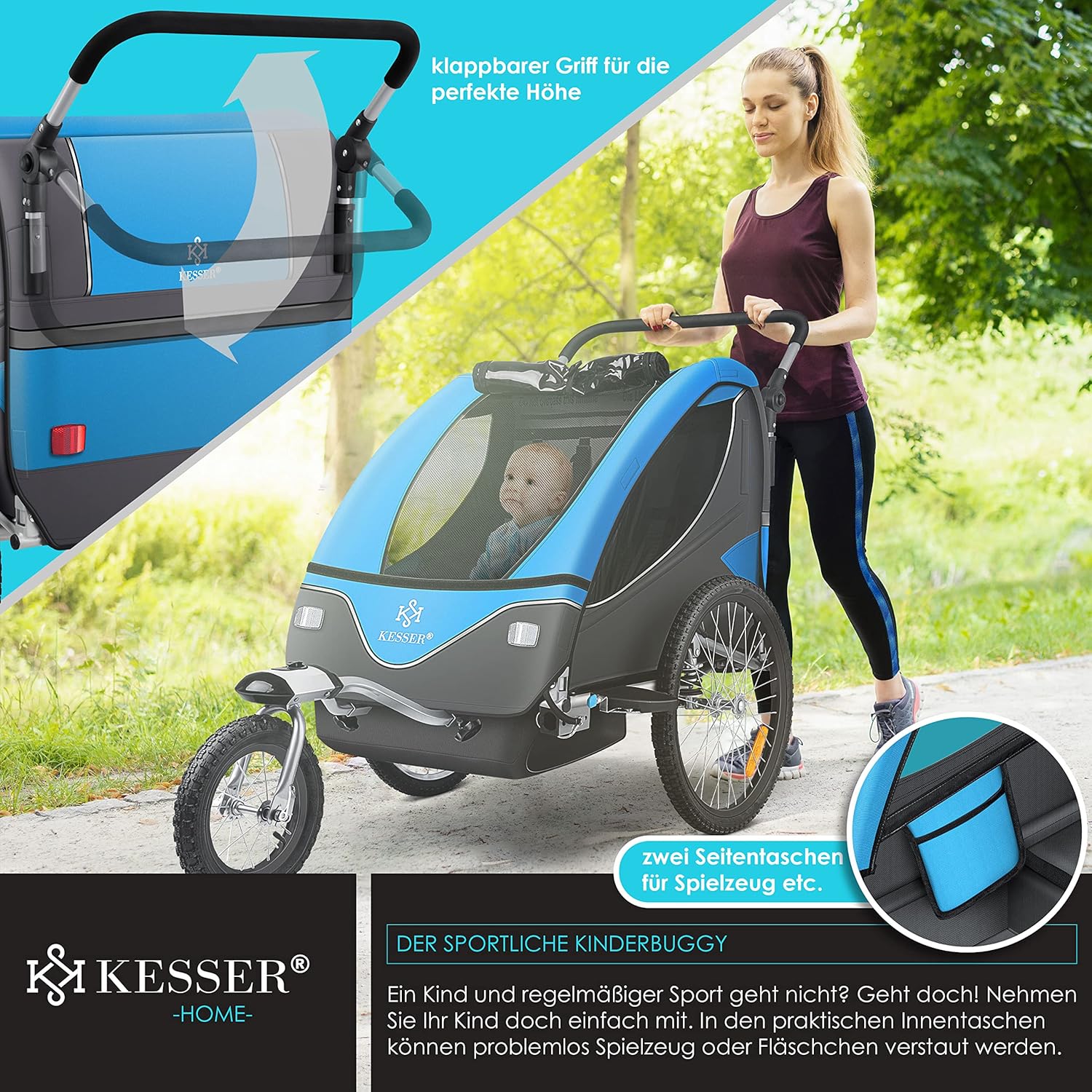 KESSER® Remorque de vélo pour enfant - Rotation à 360° - Avec suspension 2 en 1 - Fonction jogger - Remorque de vélo pour enfant - Sangle à 5 points - Pour 1 à 2 enfants - 40 kg