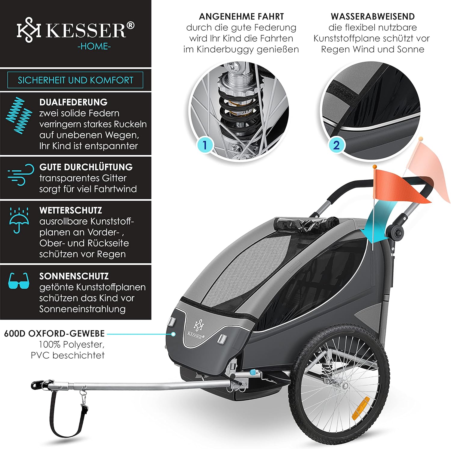 KESSER® Remorque de vélo pour enfant - Rotation à 360° - Avec suspension 2 en 1 - Fonction jogger - Remorque de vélo pour enfant - Sangle à 5 points - Pour 1 à 2 enfants - 40 kg