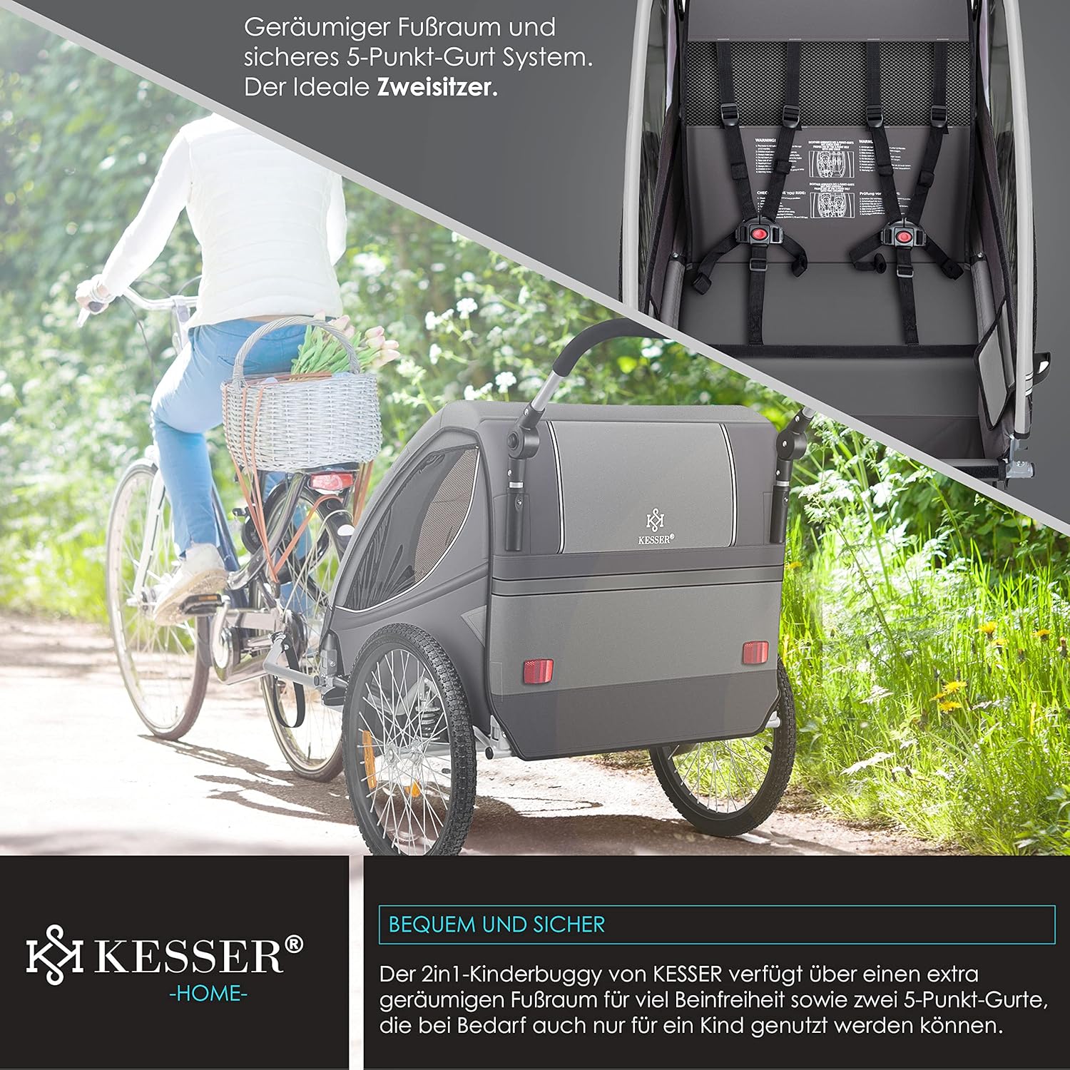 KESSER® Remorque de vélo pour enfant - Rotation à 360° - Avec suspension 2 en 1 - Fonction jogger - Remorque de vélo pour enfant - Sangle à 5 points - Pour 1 à 2 enfants - 40 kg