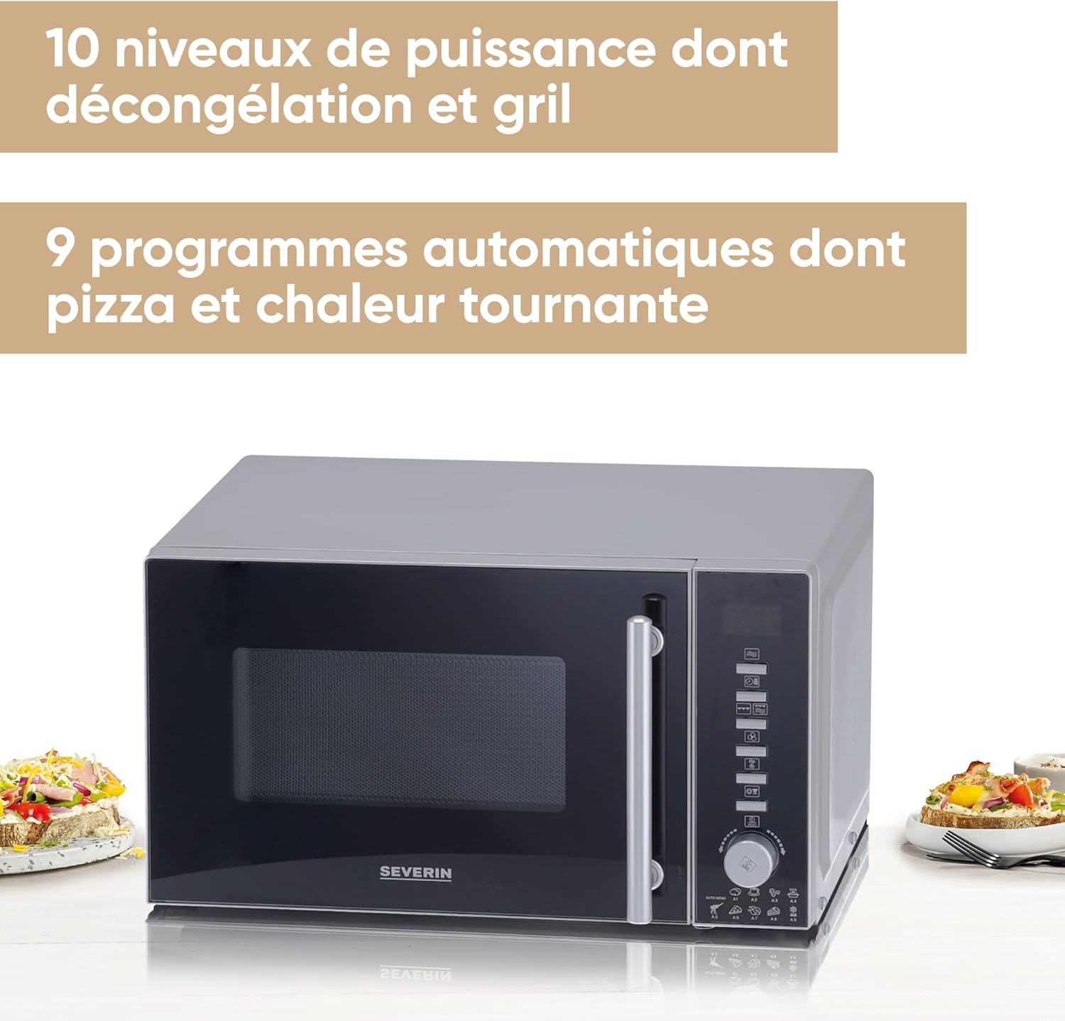SEVERIN Four à micro-ondes 30 L, 2 500 W, avec fonction gril et chaleur tournante, avec 5 niveaux de puissance, 10 programmes automatiques, Inox/Noir, MW 7775