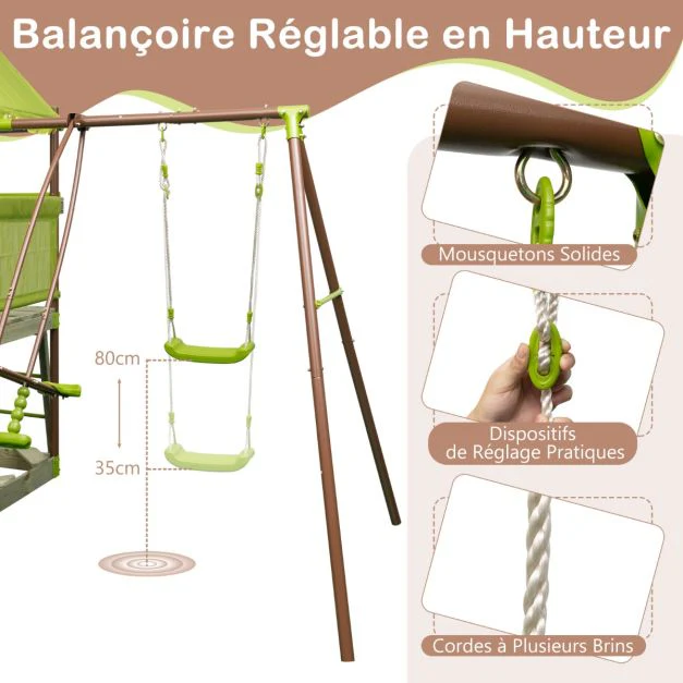 Balanoire 7-en-1 aire de jeu en métal avec fort couvert réglable en hauteur corde d'escalade bac à sable glisseur toboggan ondulé vert 20_0007761