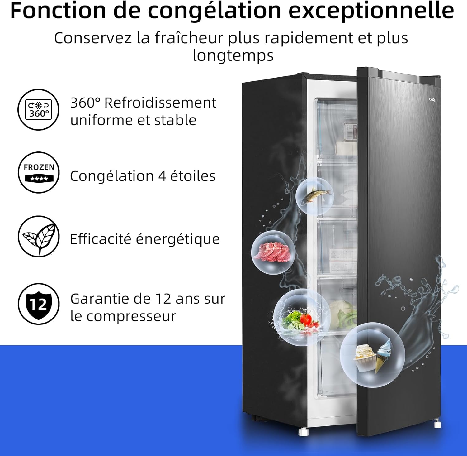 CHiQ Congélateur armoire avec une capacité de 145L, Congélation rapide, Thermostat réglable, Silencieux, Porte réversible, Noir, Classe énergétique E FSD160D4E