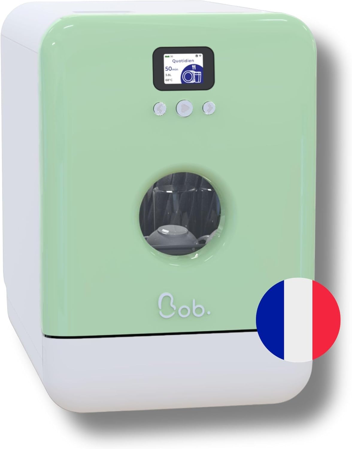 DAAN TECH Bob - Lave-vaisselle Compact 3 Couverts Encastrable - Pose Libre, Avec Réservoir, Portable - Séchage Naturel - Assiette 29 cm - Label Origine France Garantie, Eco-Conçu (Blanc-Rouge)