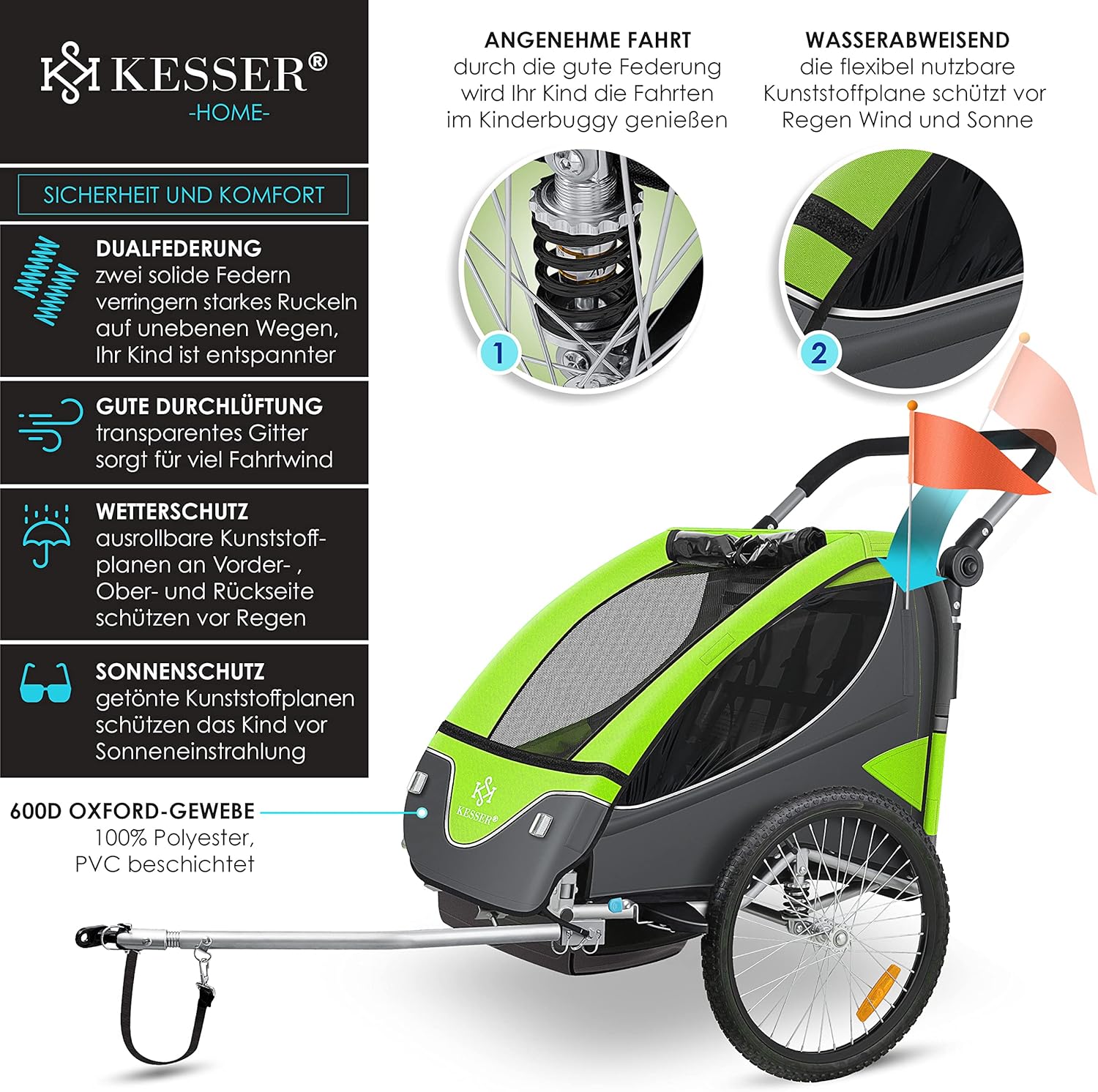 KESSER® Remorque de vélo pour enfant - Rotation à 360° - Avec suspension 2 en 1 - Fonction jogger - Remorque de vélo pour enfant - Sangle à 5 points - Pour 1 à 2 enfants - 40 kg