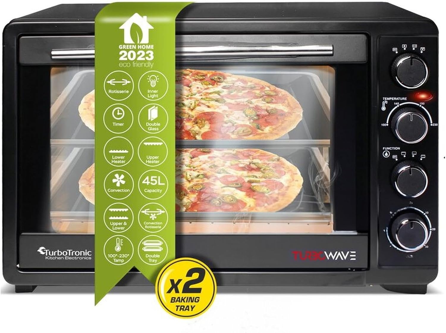 TurboTronic Mini Four à Convection avec Rtissoire, 35L, 1600W – Four Compact Multifonctions Idéal pour Pizza, Camping et Cuisine Maison, Inclus 2 Plaques de Cuisson