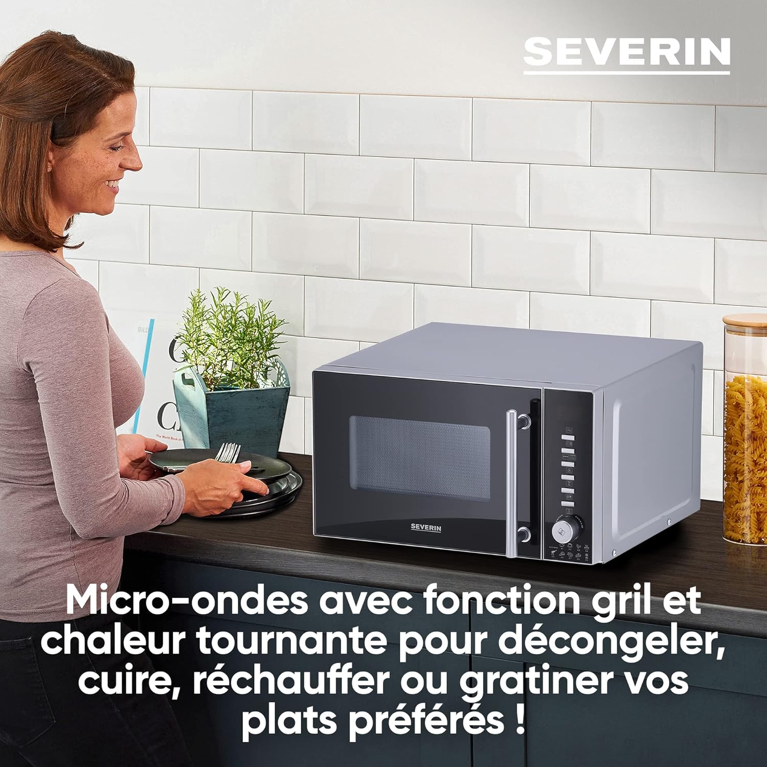 SEVERIN Four à micro-ondes 30 L, 2 500 W, avec fonction gril et chaleur tournante, avec 5 niveaux de puissance, 10 programmes automatiques, Inox/Noir, MW 7775