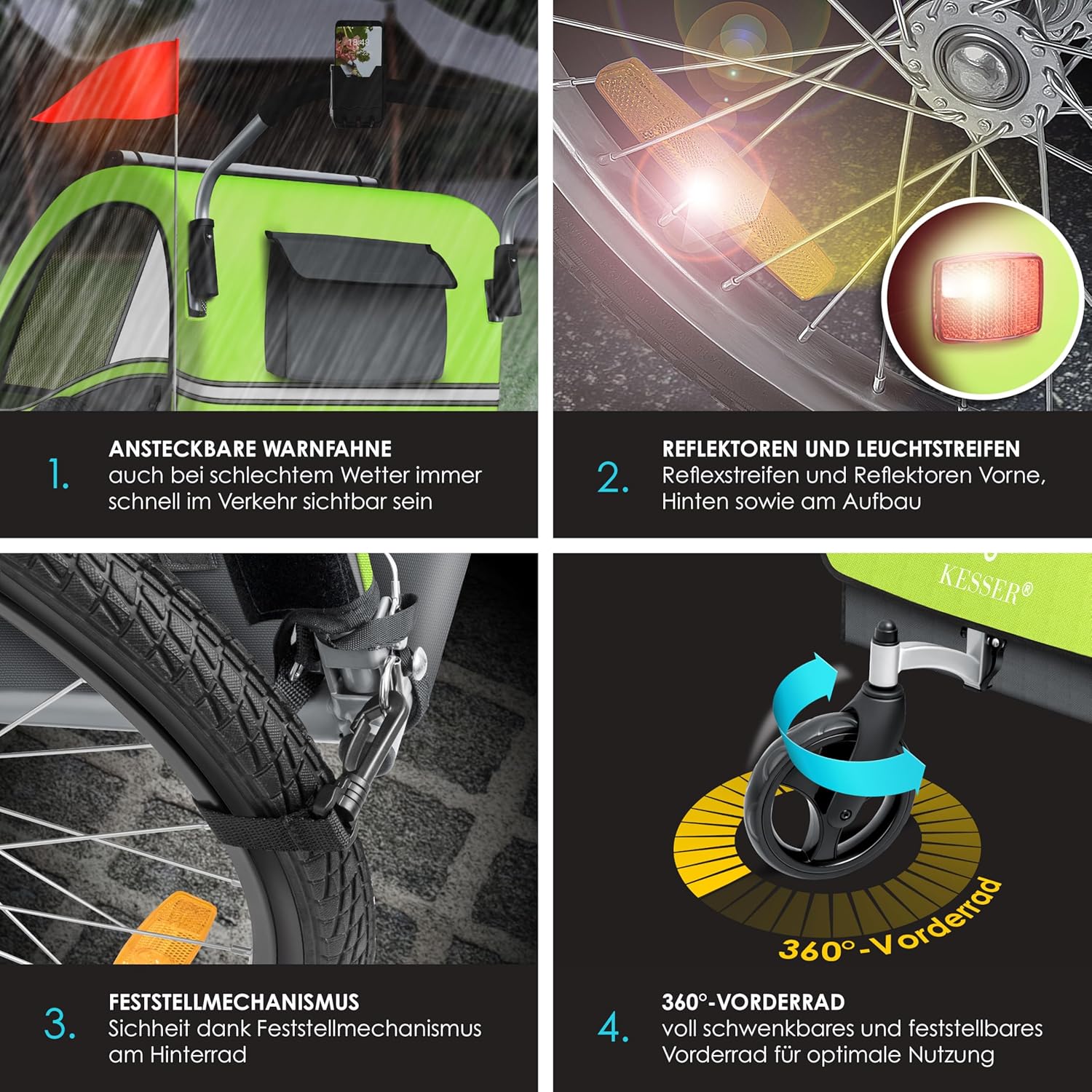 KESSER® Remorque pour Enfants Remorque de vélo Sport-RX 2en1 Fonction de Running Remorque de vélo pour Enfants + Ceinture de sécurité 5 Points 360°- Roue Avant Jogger Poussette Vélo